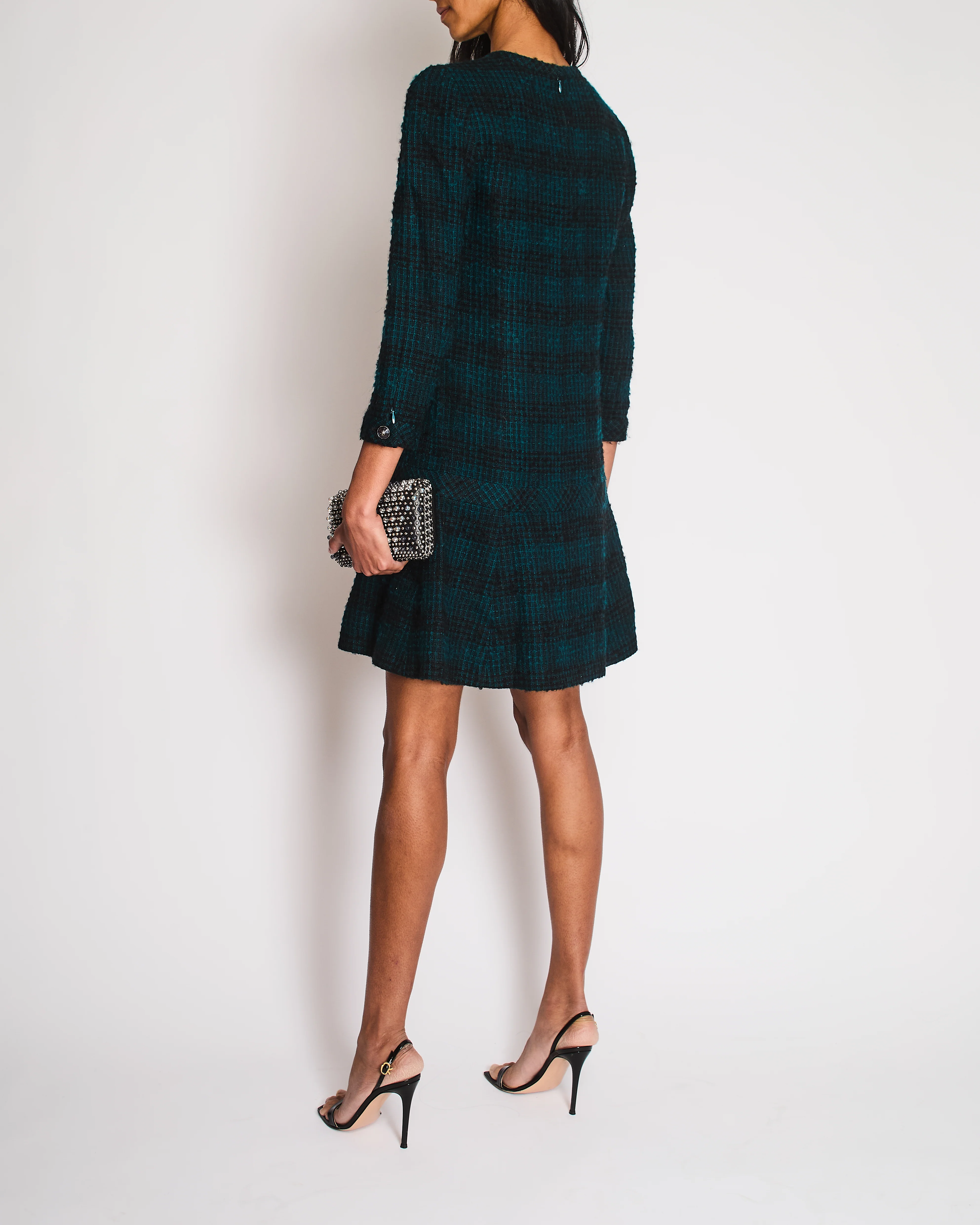 Chanel Navy, Green Check Tweed Long-Sleeve Dress Size FR 36 (UK 8) - Image 5