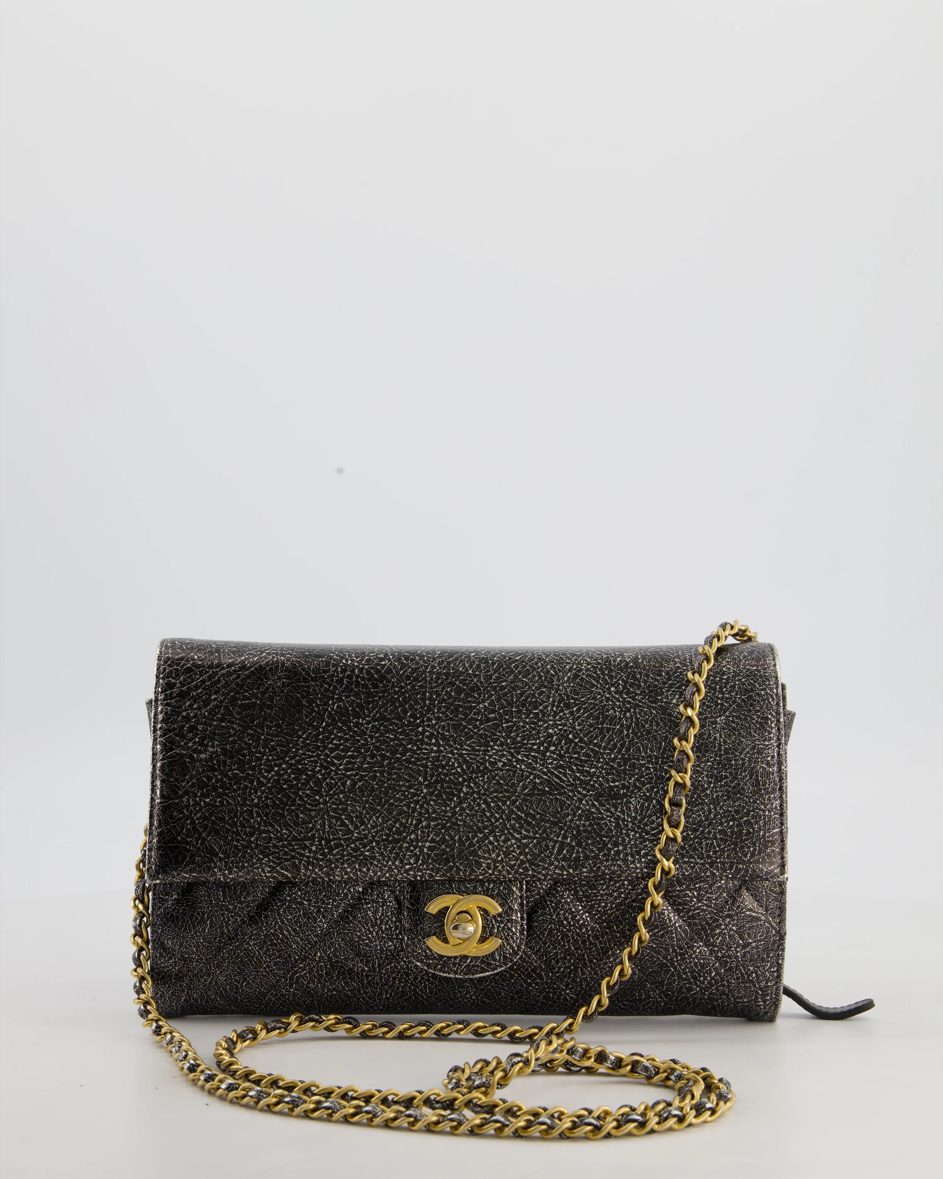 Chanel Black, Cracked Silver Metallic Wallet on Chain Bag in Calfskin Leather with Antique Gold Hardware - Image 2