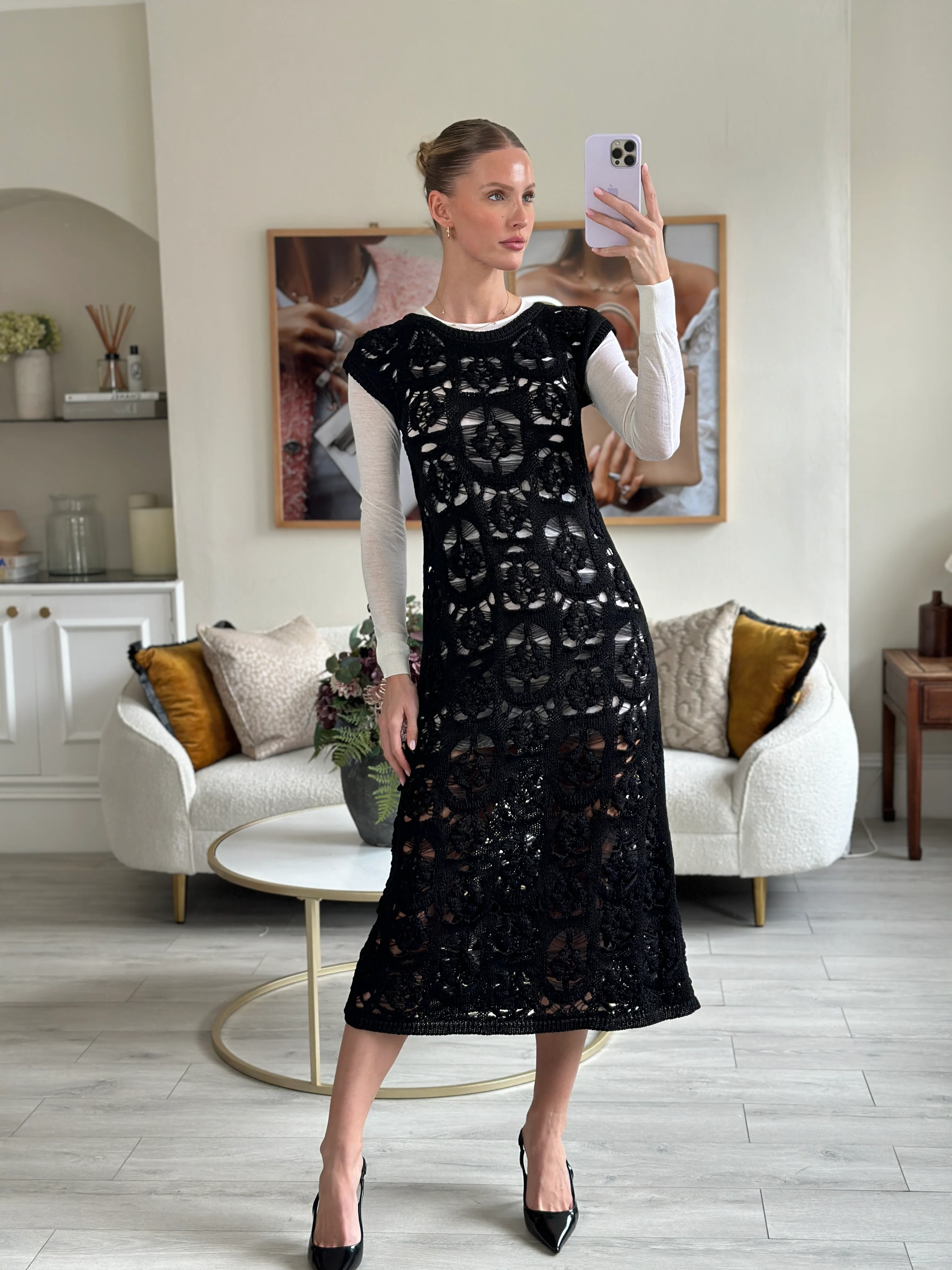 Chanel Black Crochet Short Sleeve Midi Dress with White Long-Sleeve Under-Layer Set Size FR 34 (UK 6) - Image 5