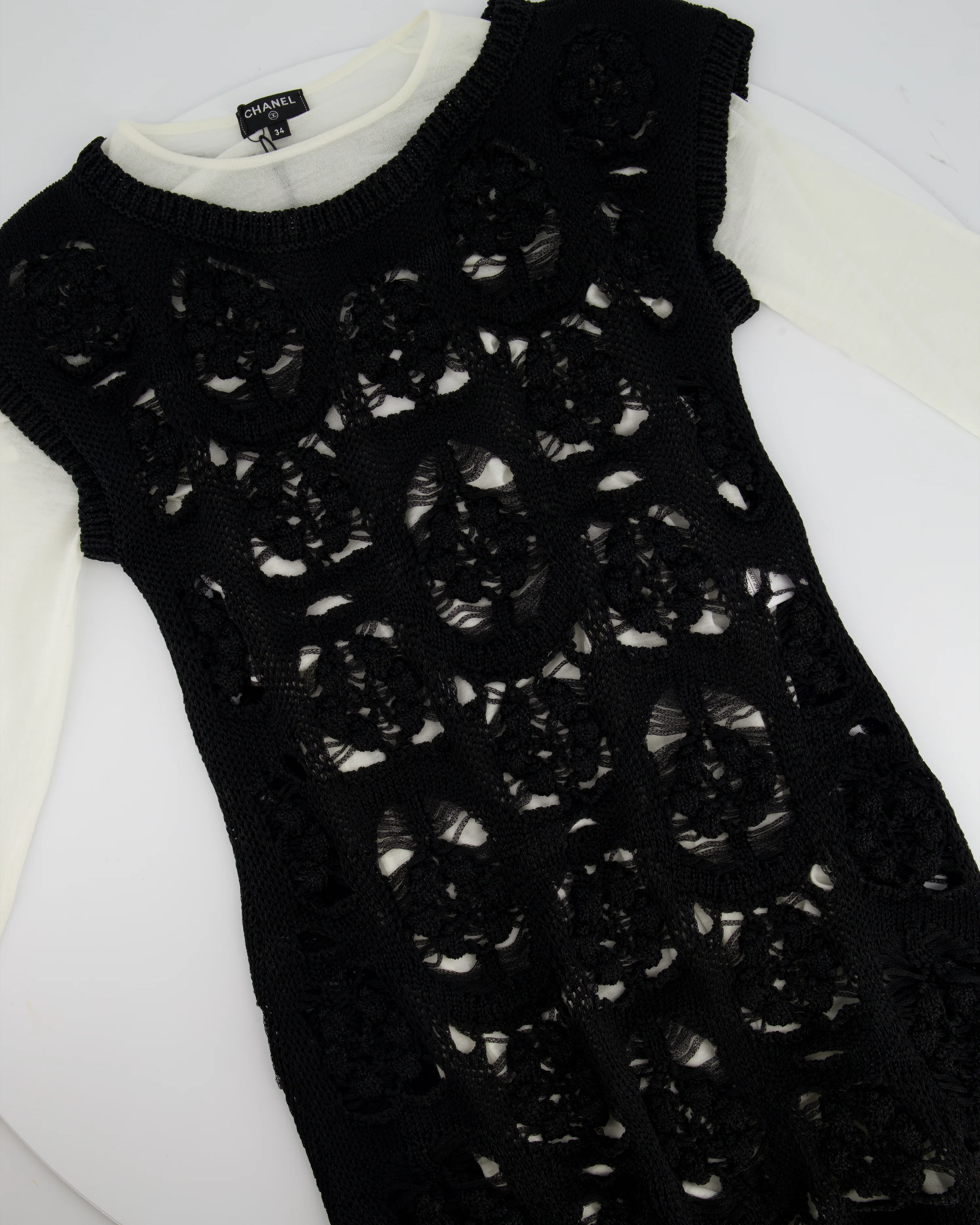 Chanel Black Crochet Short Sleeve Midi Dress with White Long-Sleeve Under-Layer Set Size FR 34 (UK 6) - Image 6