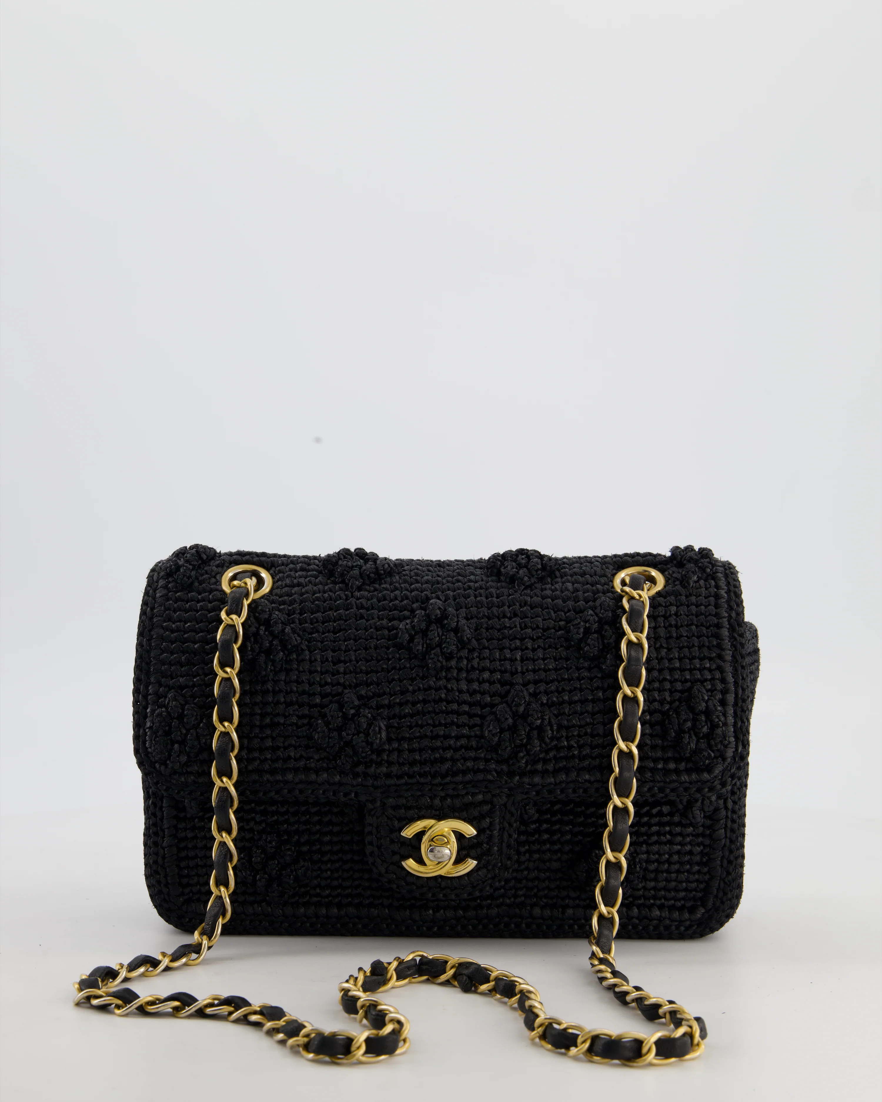 *HOT* Chanel Black Crocheted Raffia Small Single Flap Cross-Body Bag with Antique Gold Hardware