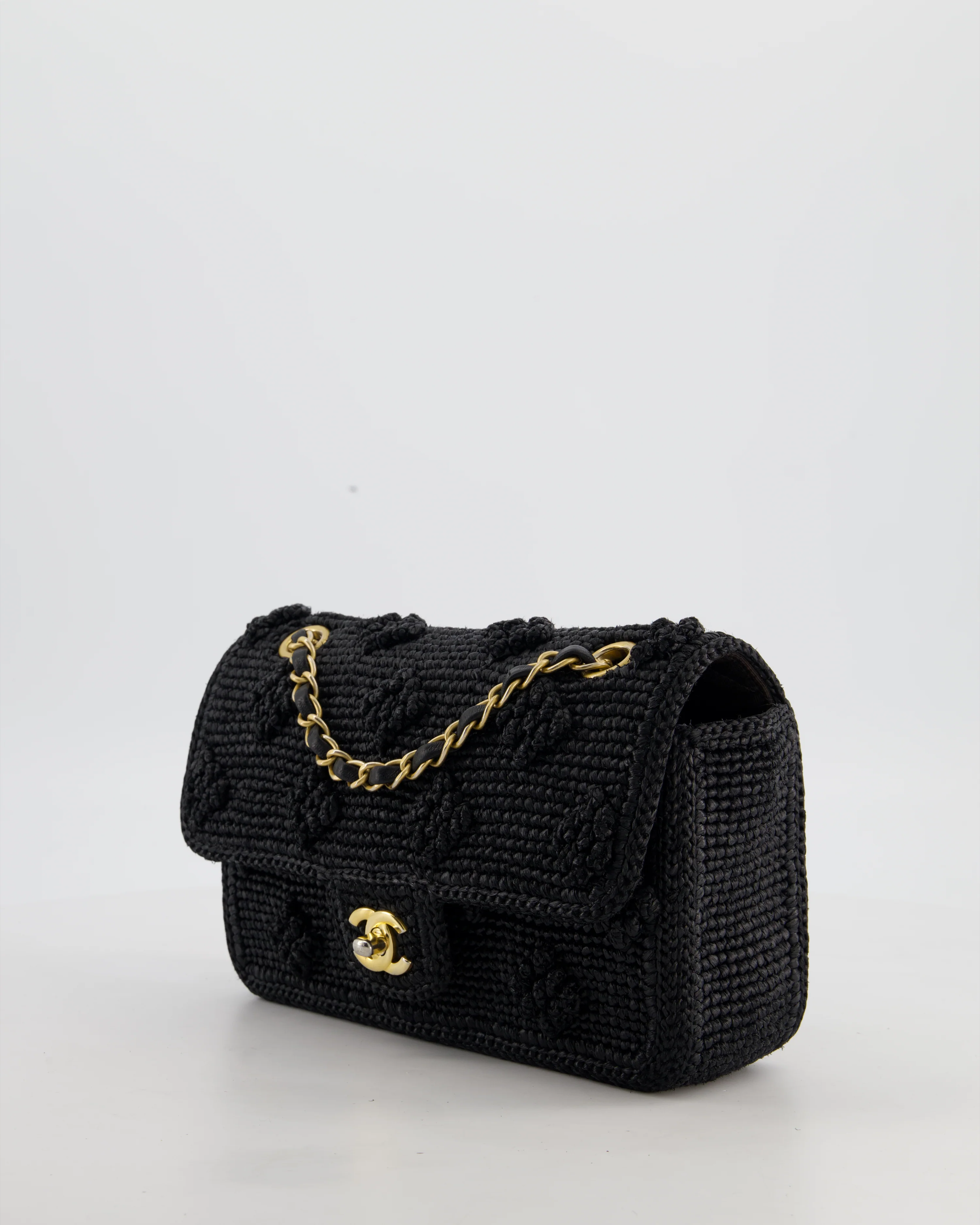 *HOT* Chanel Black Crocheted Raffia Small Single Flap Cross-Body Bag with Antique Gold Hardware - Image 11