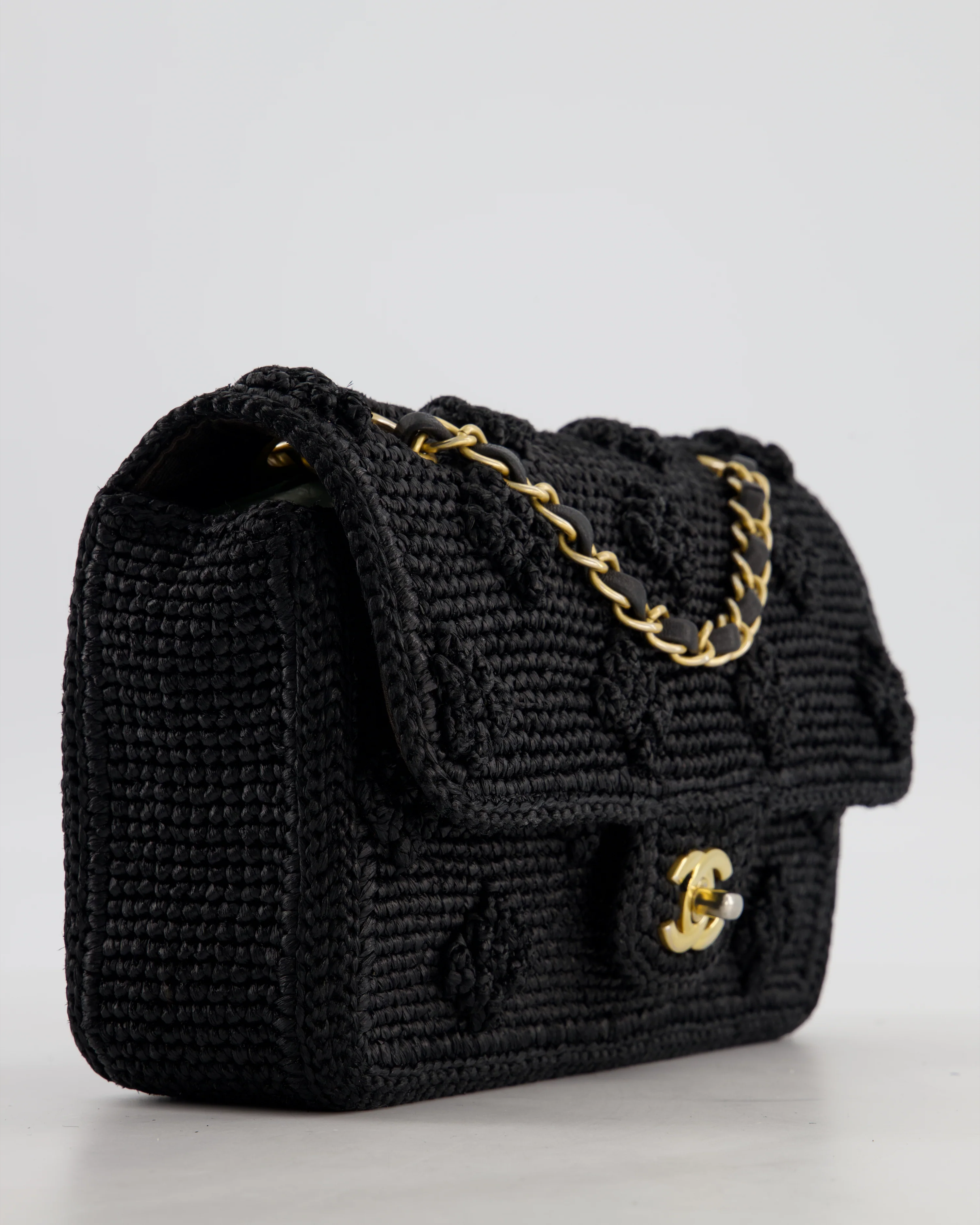 *HOT* Chanel Black Crocheted Raffia Small Single Flap Cross-Body Bag with Antique Gold Hardware - Image 12