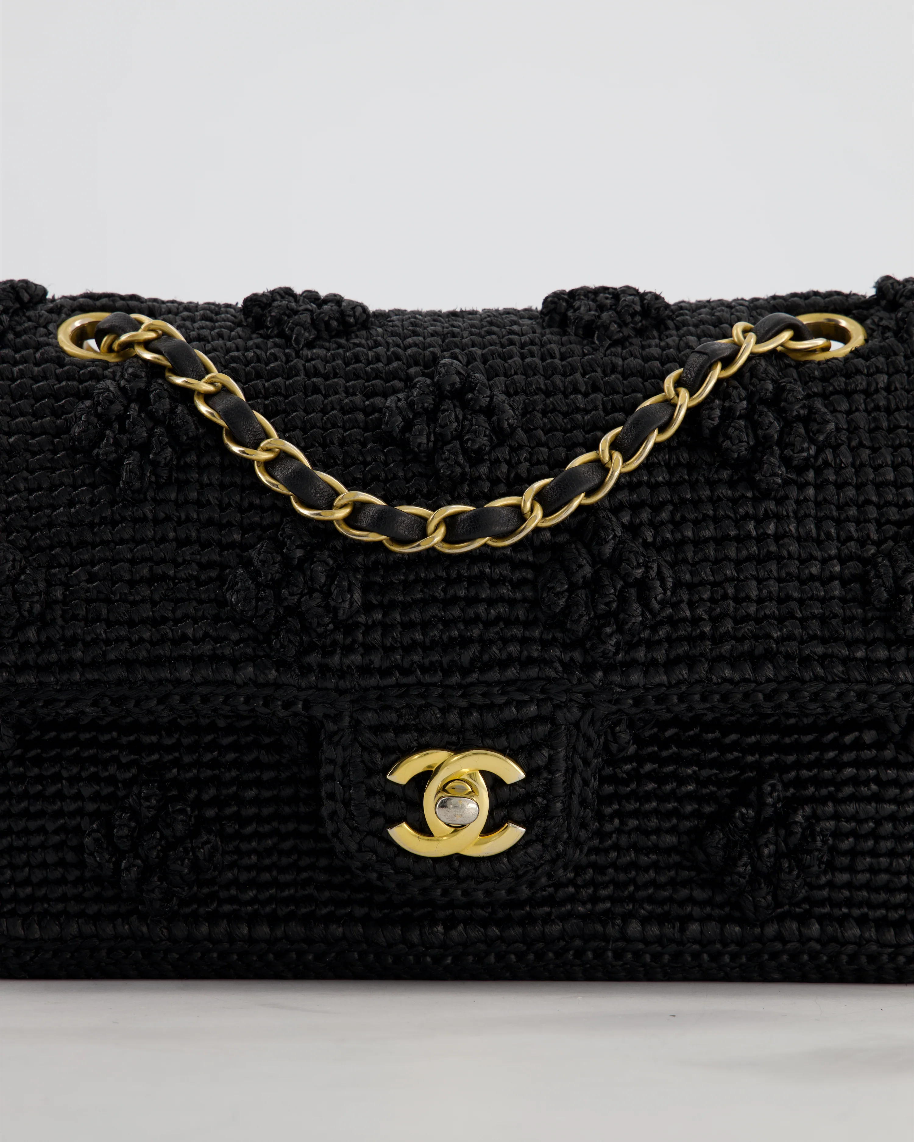 *HOT* Chanel Black Crocheted Raffia Small Single Flap Cross-Body Bag with Antique Gold Hardware - Image 16