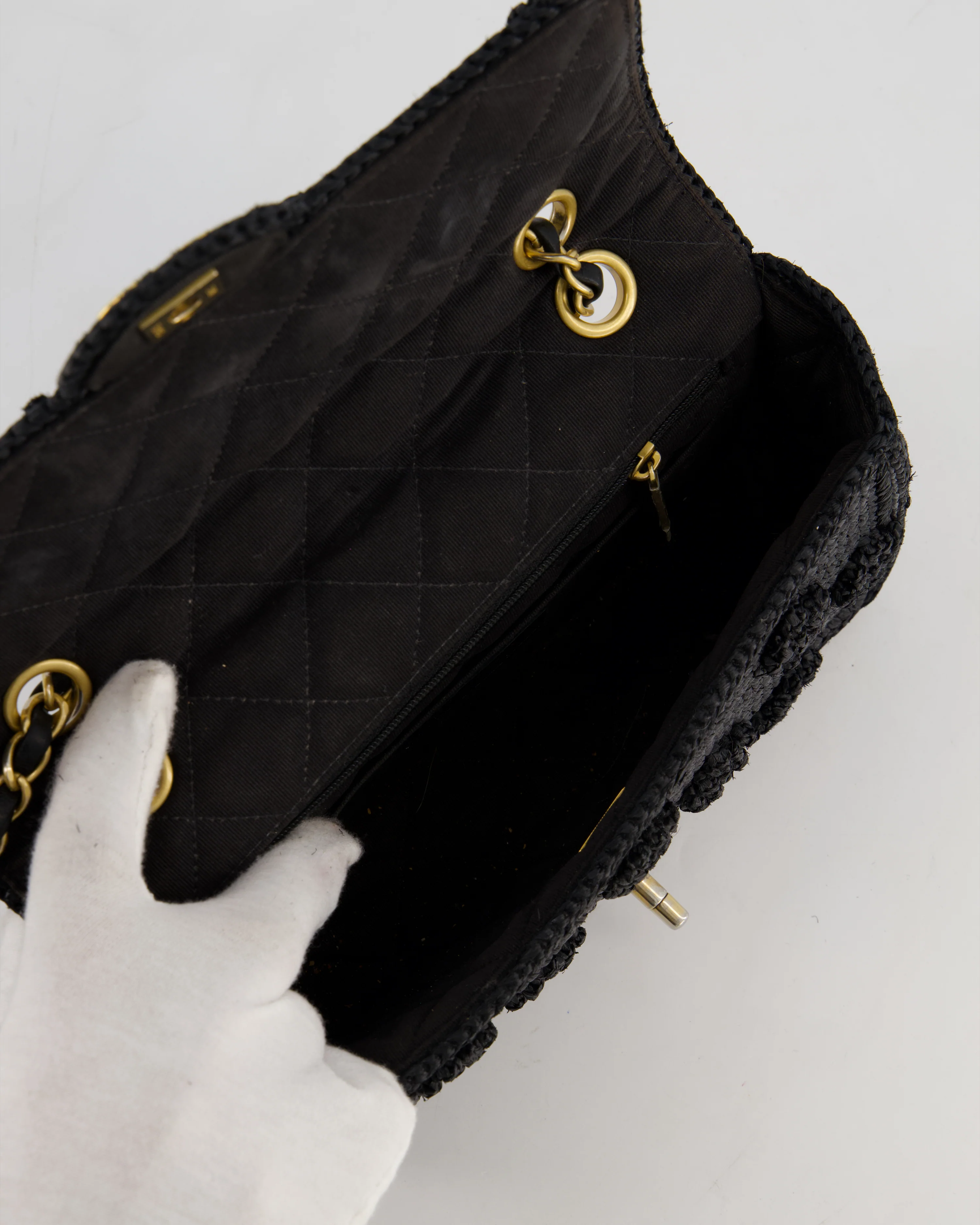 *HOT* Chanel Black Crocheted Raffia Small Single Flap Cross-Body Bag with Antique Gold Hardware - Image 21