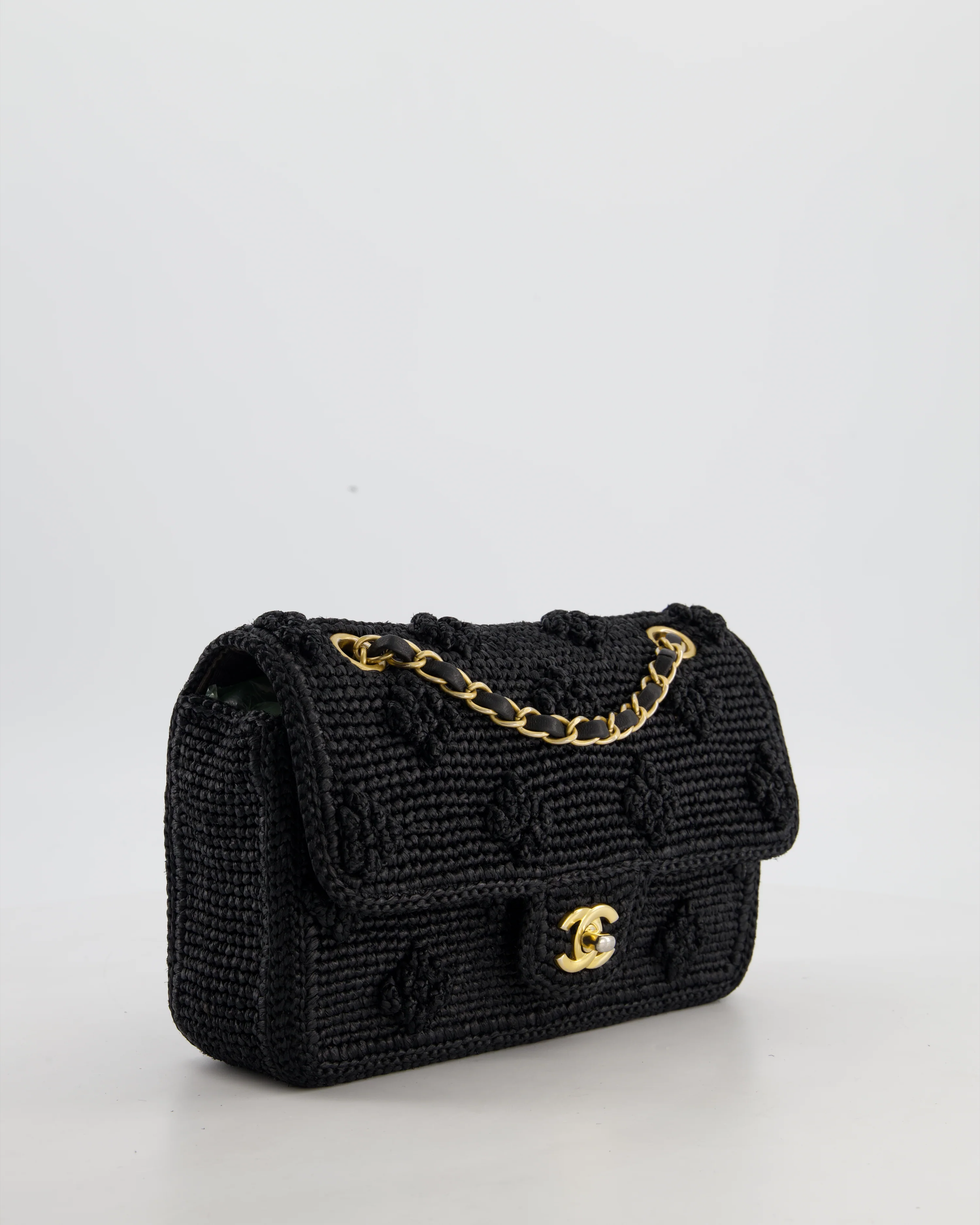 *HOT* Chanel Black Crocheted Raffia Small Single Flap Cross-Body Bag with Antique Gold Hardware - Image 5