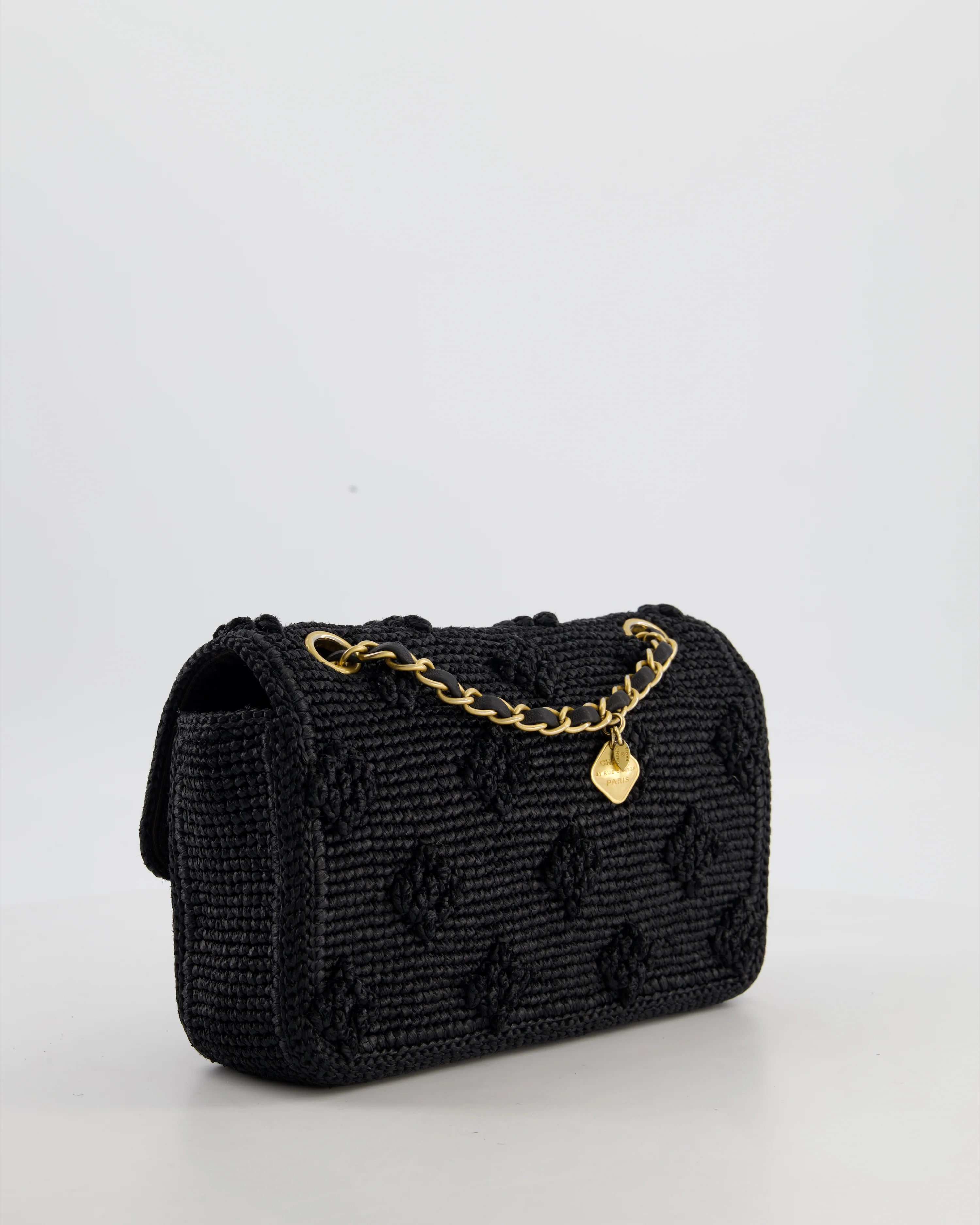 *HOT* Chanel Black Crocheted Raffia Small Single Flap Cross-Body Bag with Antique Gold Hardware - Image 9