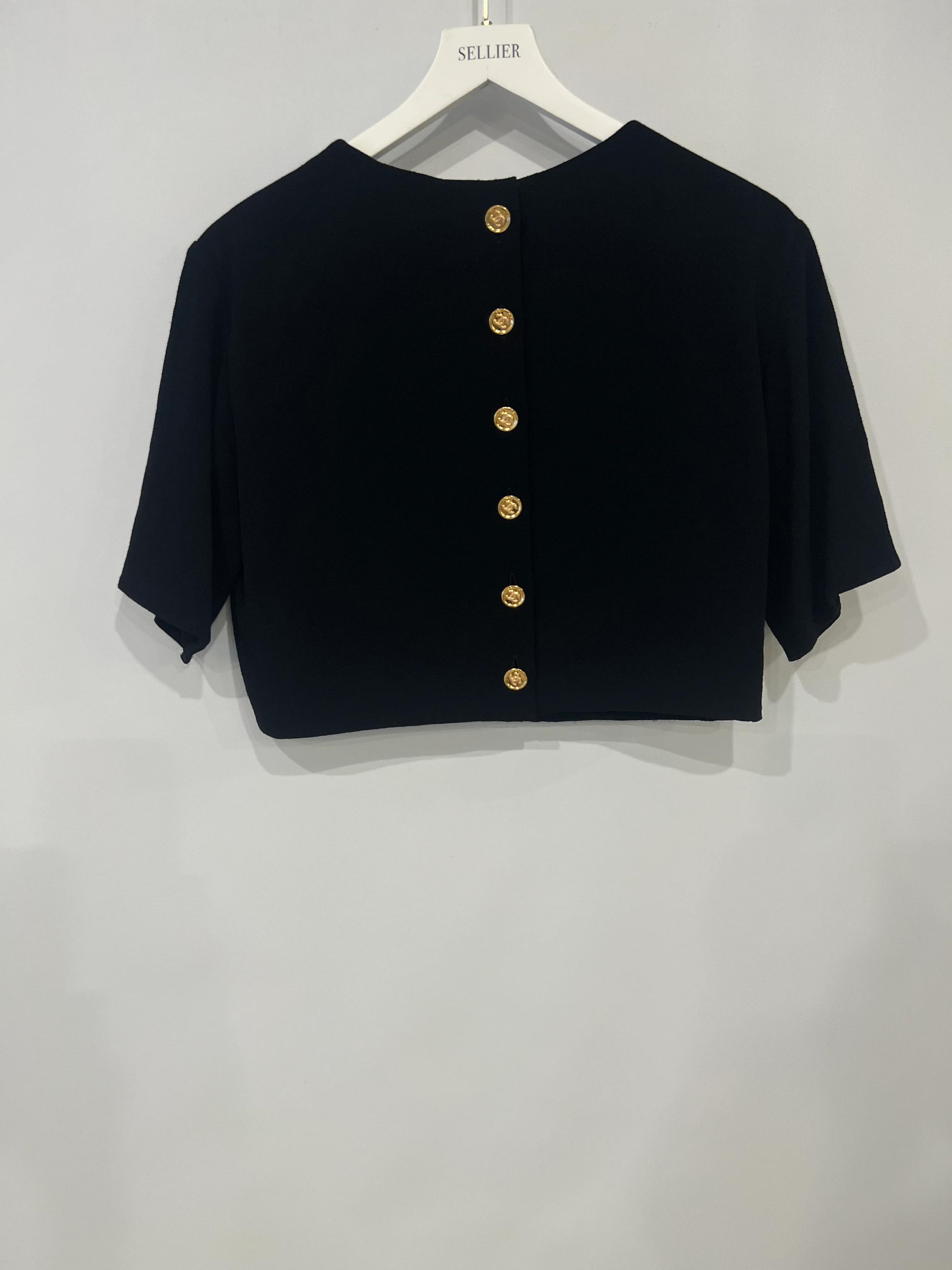 Chanel Métiers d'Art 2023 Black Cropped Top with Multi-Colour Sequin Patch Detail and Back Gold CC Logo Buttons Size FR 34 (UK 6) - Image 13
