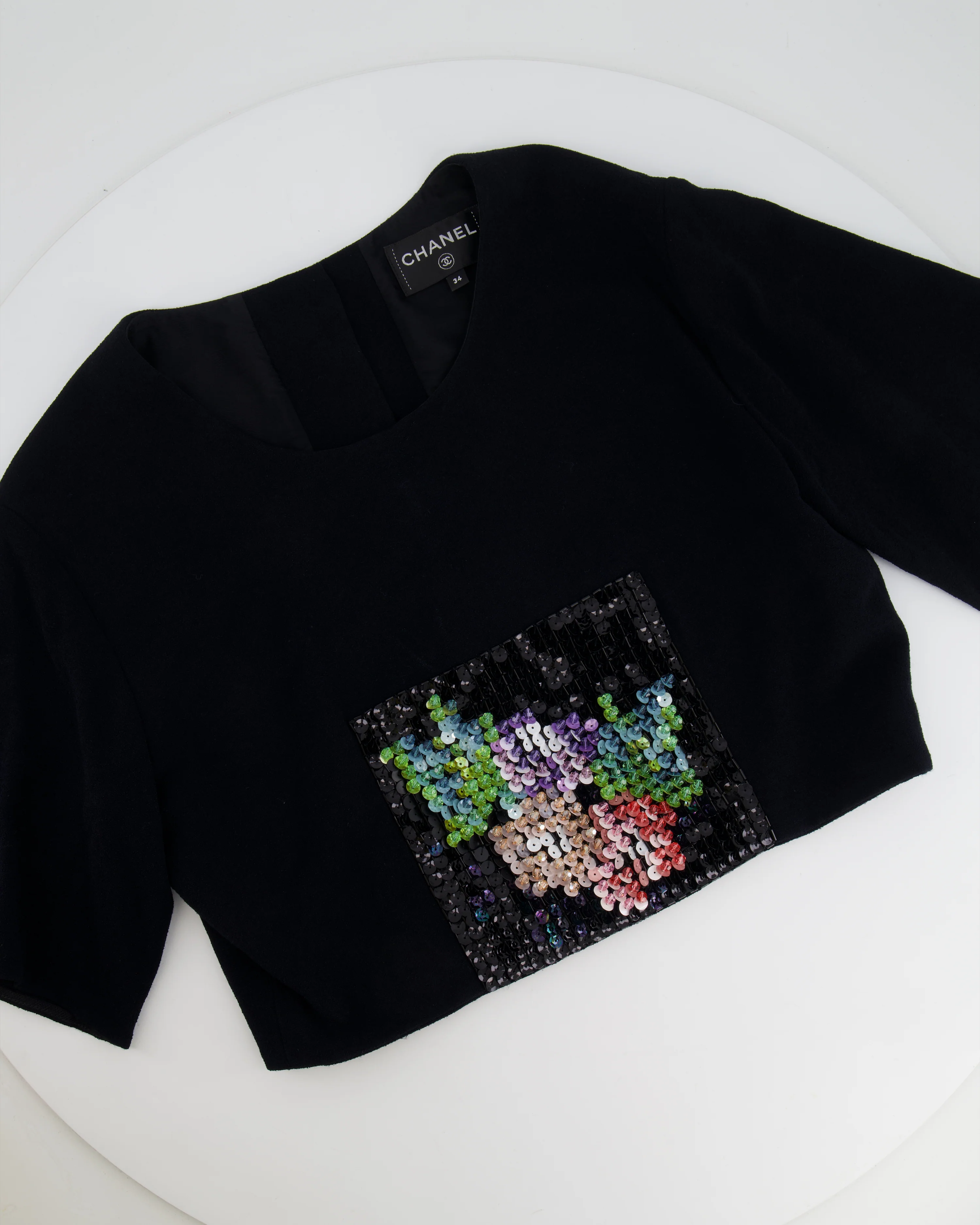 Chanel Métiers d'Art 2023 Black Cropped Top with Multi-Colour Sequin Patch Detail and Back Gold CC Logo Buttons Size FR 34 (UK 6) - Image 8