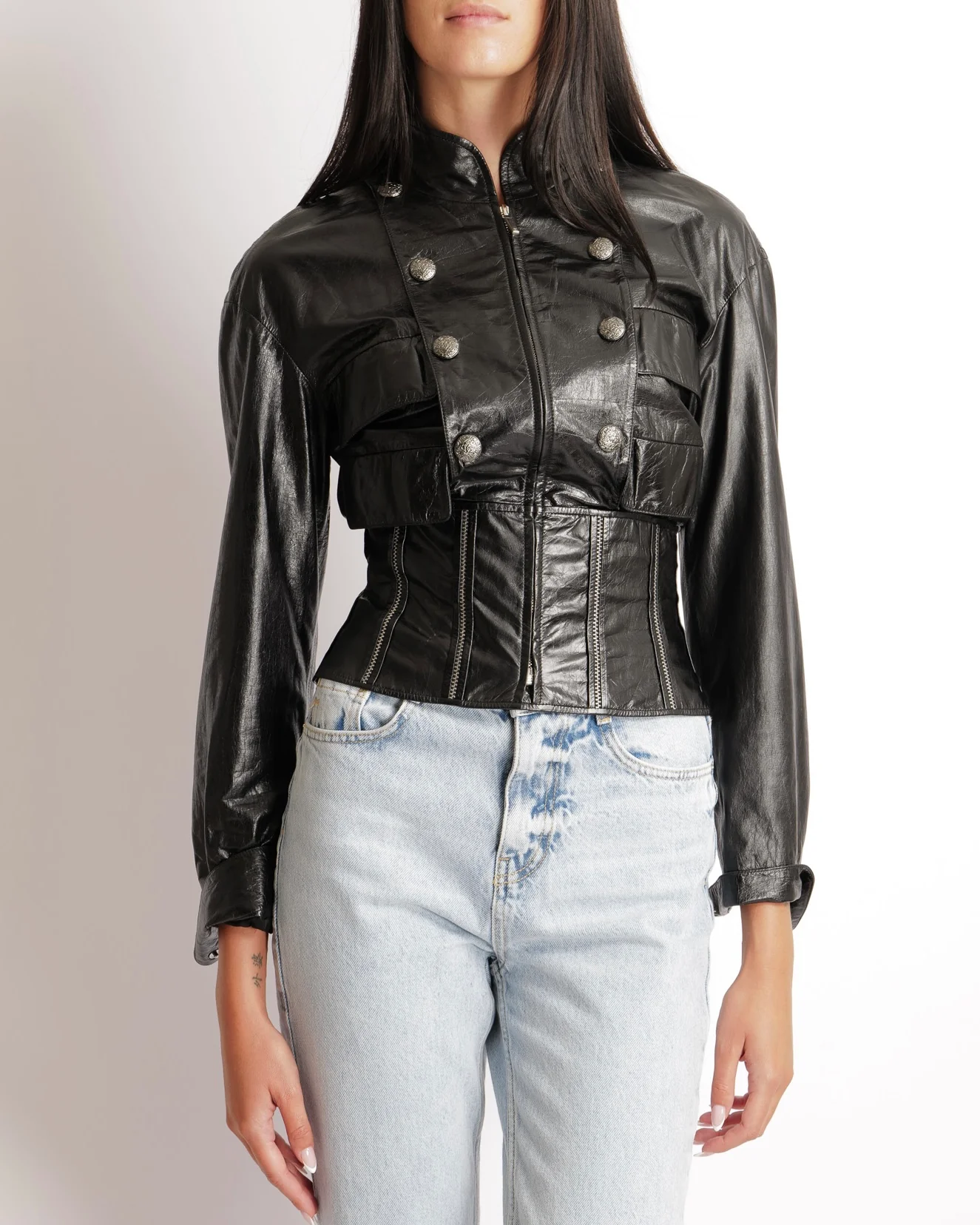 Chanel Fall 2014 Black Corseted Leather Jacket with Silver Zippers Stitch Details and Silver Textured CC Logo Buttons Size FR 36 (UK 8)