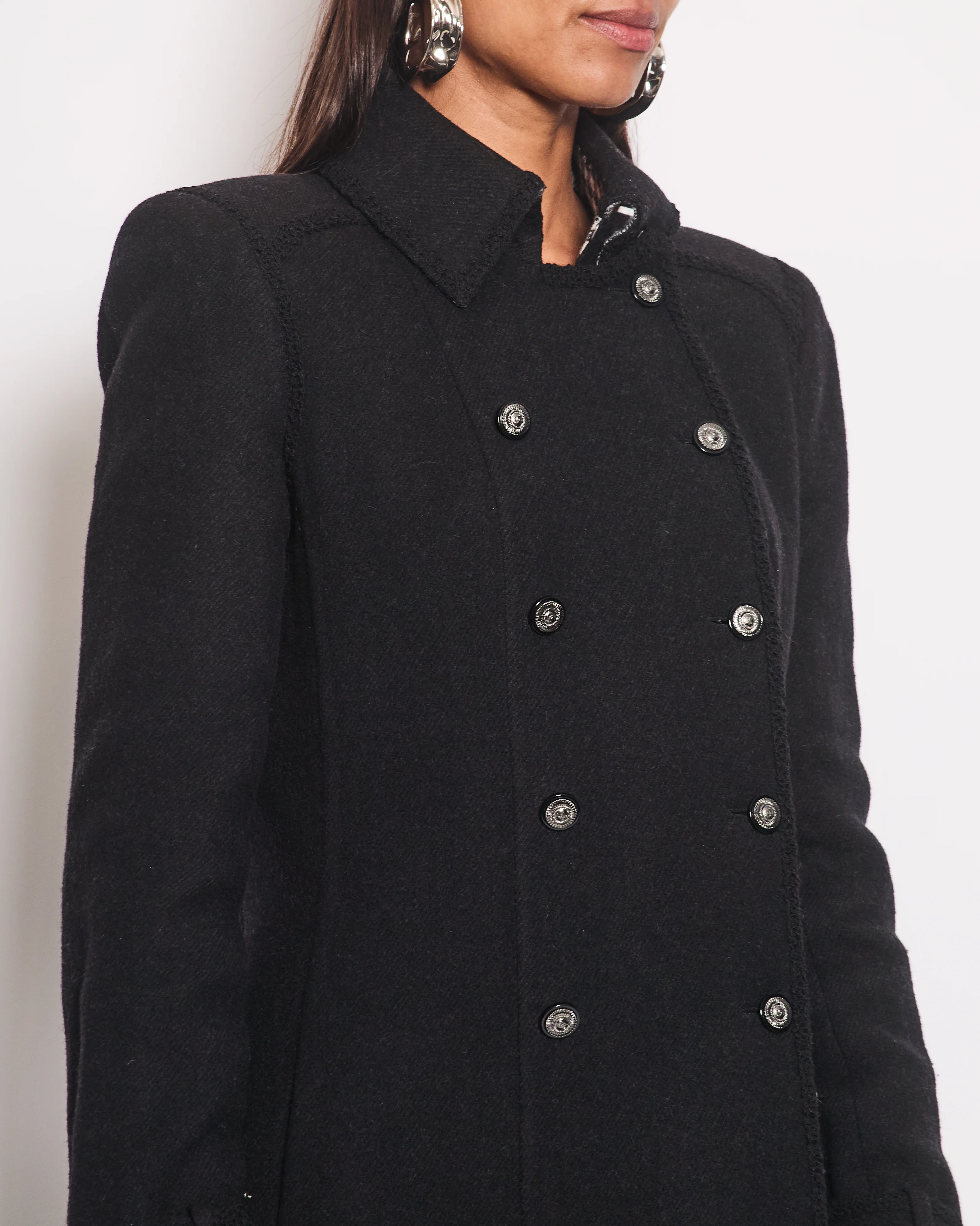 Chanel Black Double Breasted Coat with Houndstooth Print and CC Button Detail Size FR 40 (UK 12) - Image 3