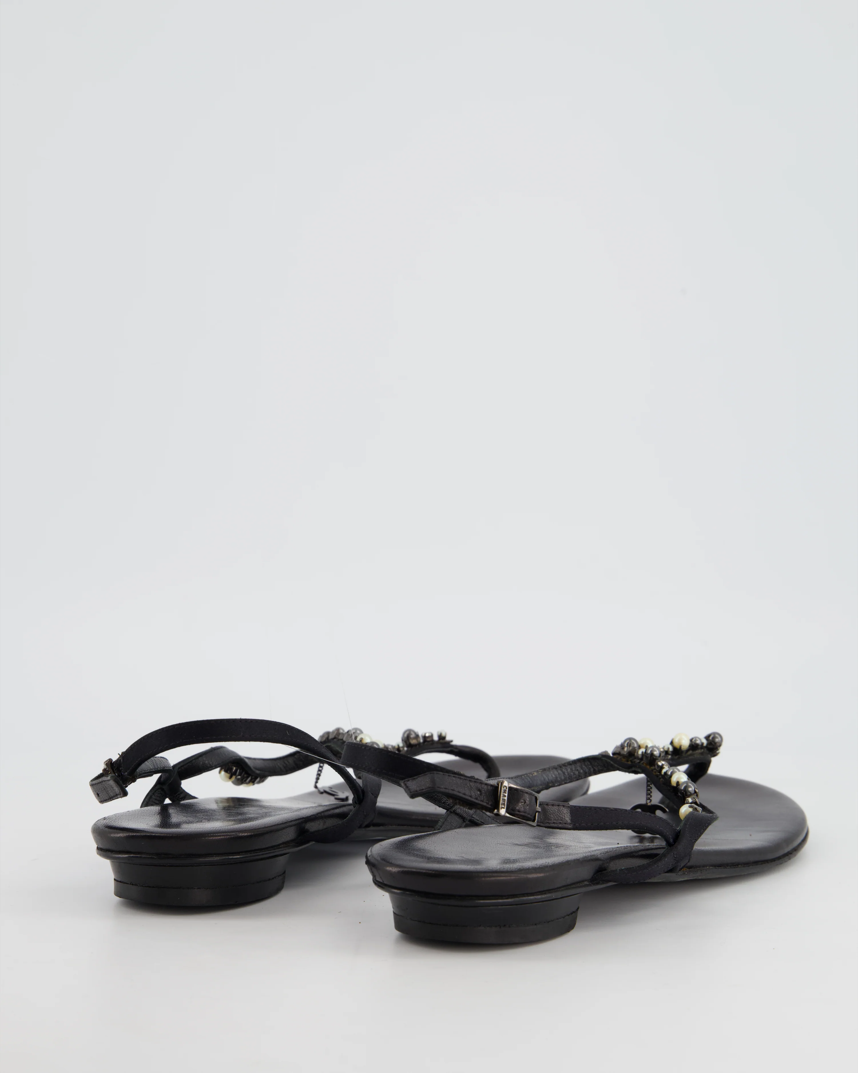 Chanel Black Embellished Leather Ankle Strap Sandals with CC Charm Detail Size EU 41 - Image 3