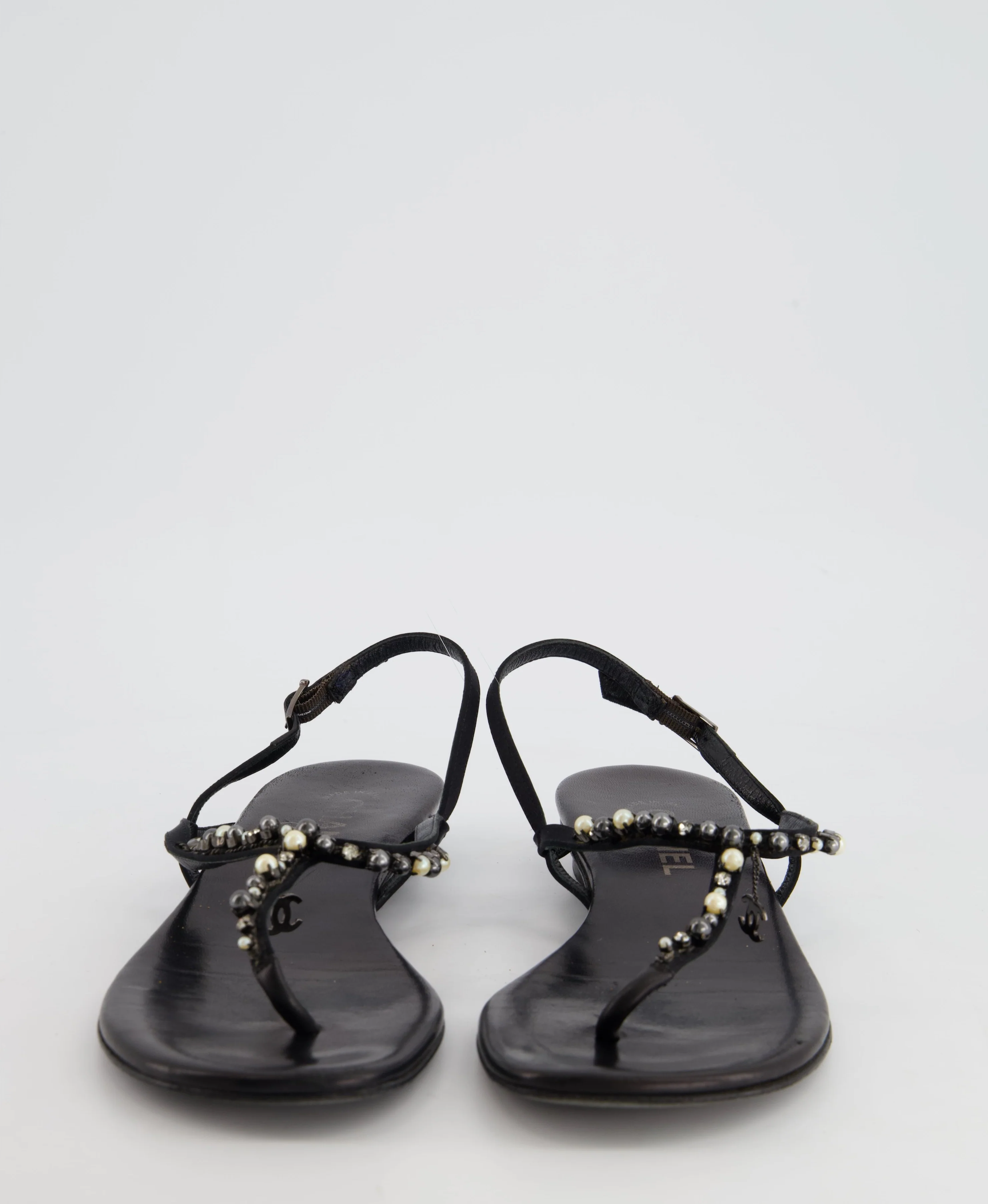 Chanel Black Embellished Leather Ankle Strap Sandals with CC Charm Detail Size EU 41 - Image 4