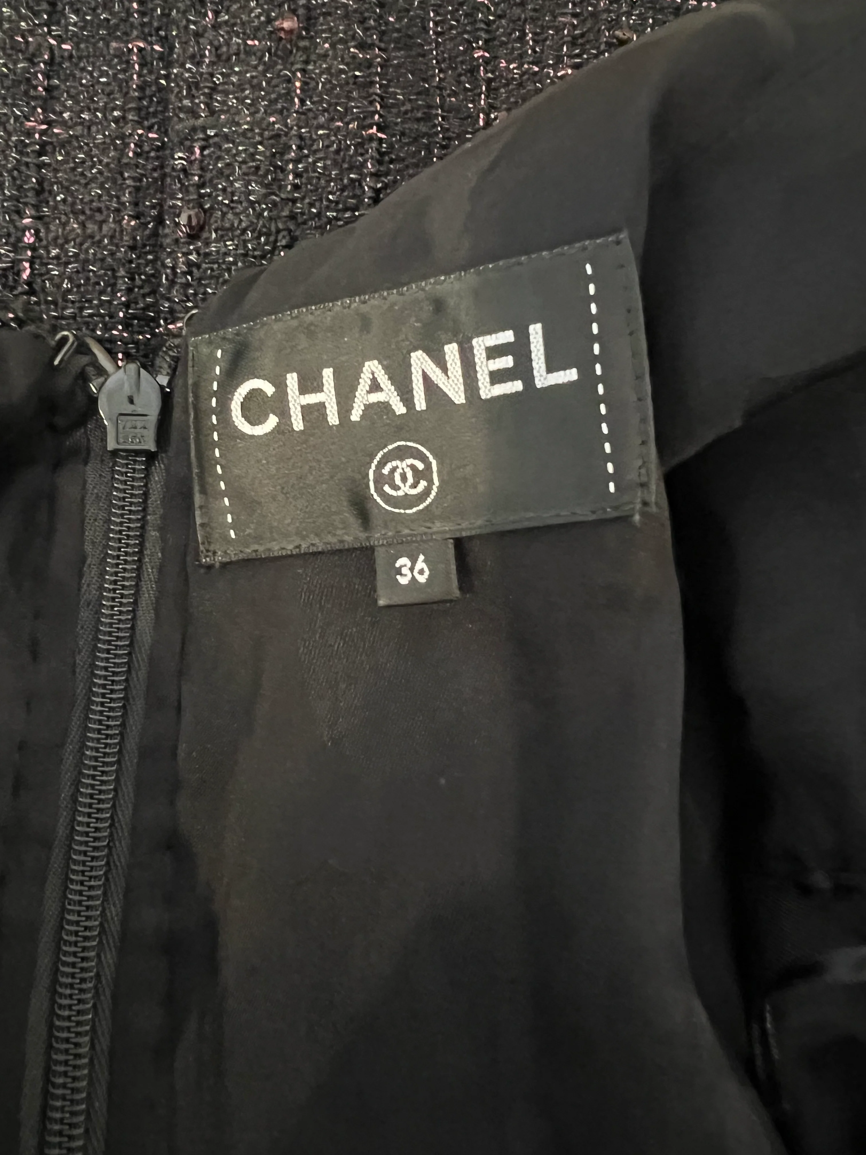 Chanel Resort 2024 Black Embellished Mini Dress with Pink Metallic Details and Crystal CC Logo Buttons Size FR 36 (UK 8) - Image 13