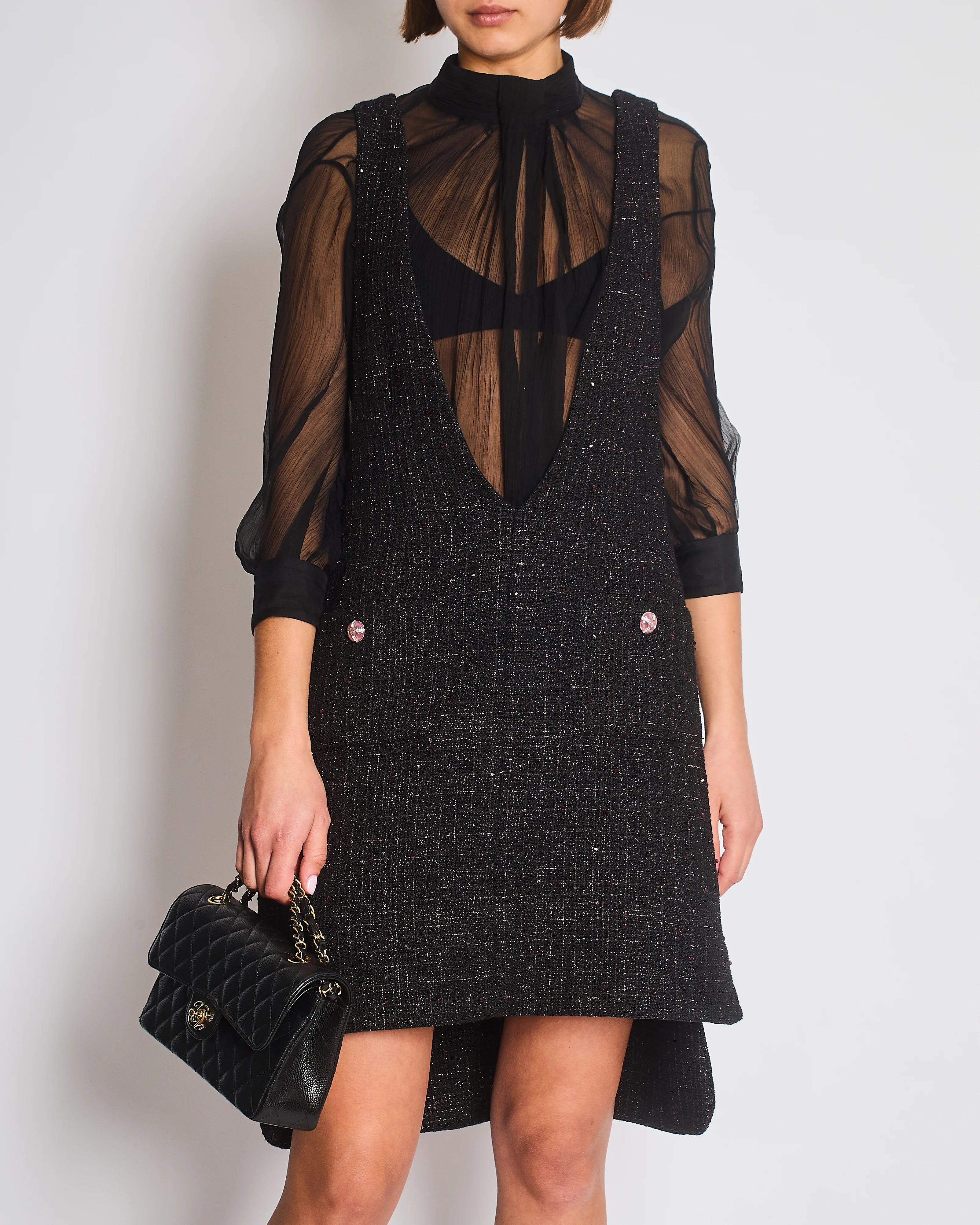 Chanel Resort 2024 Black Embellished Mini Dress with Pink Metallic Details and Crystal CC Logo Buttons Size FR 36 (UK 8) - Image 3