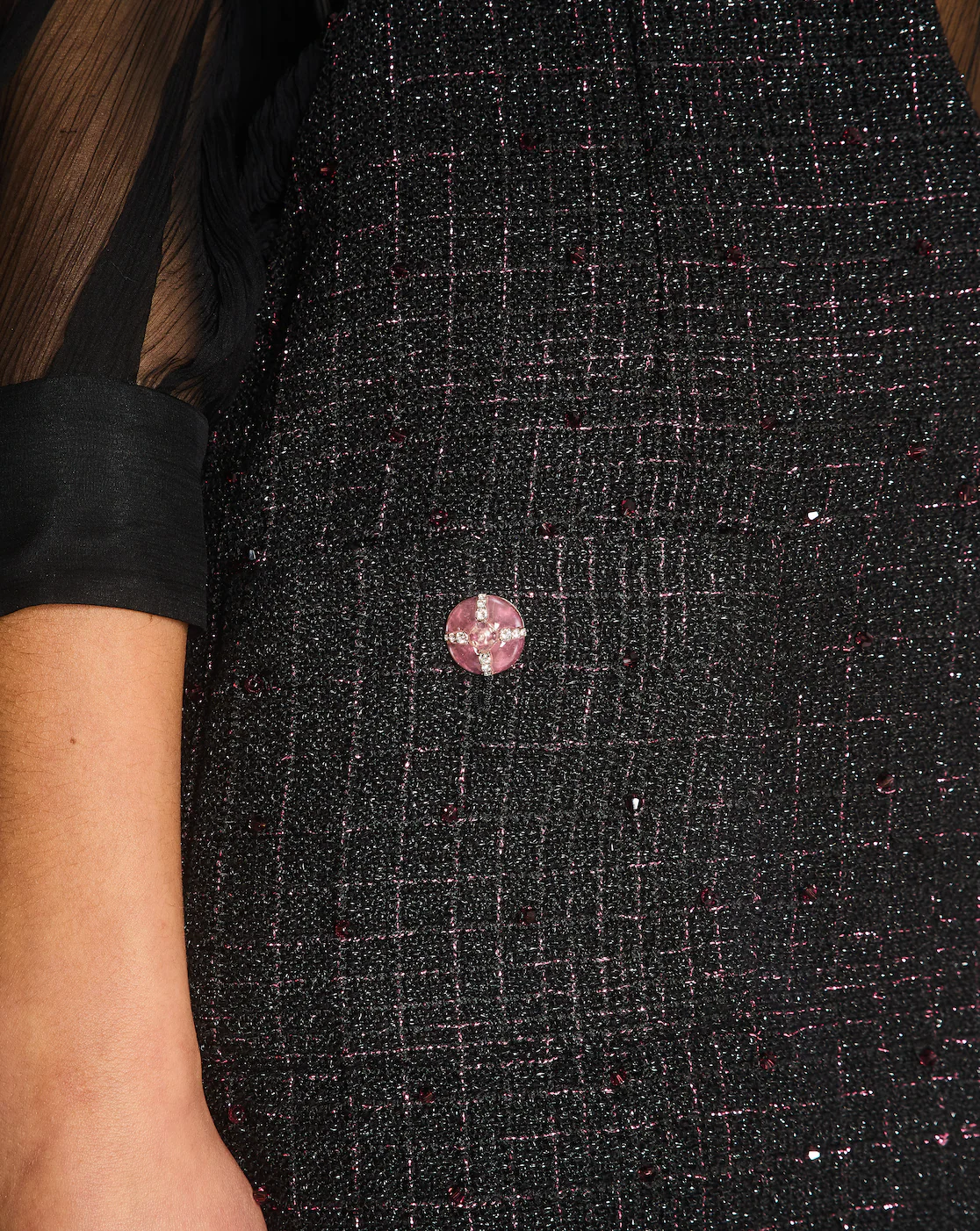 Chanel Resort 2024 Black Embellished Mini Dress with Pink Metallic Details and Crystal CC Logo Buttons Size FR 36 (UK 8) - Image 4