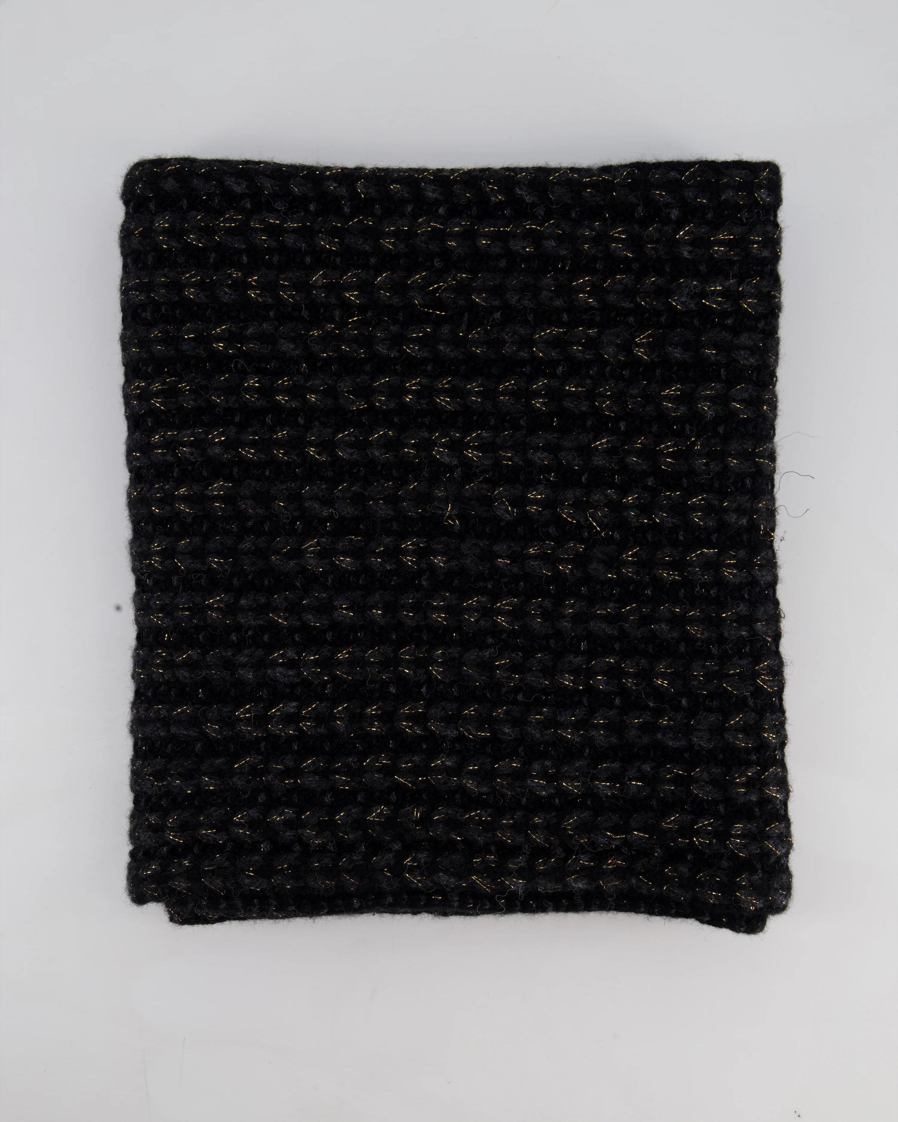 Chanel Black Grey and Gold Metallic Knitted Cashmere Blend Scarf with White CC Logo Button One Size