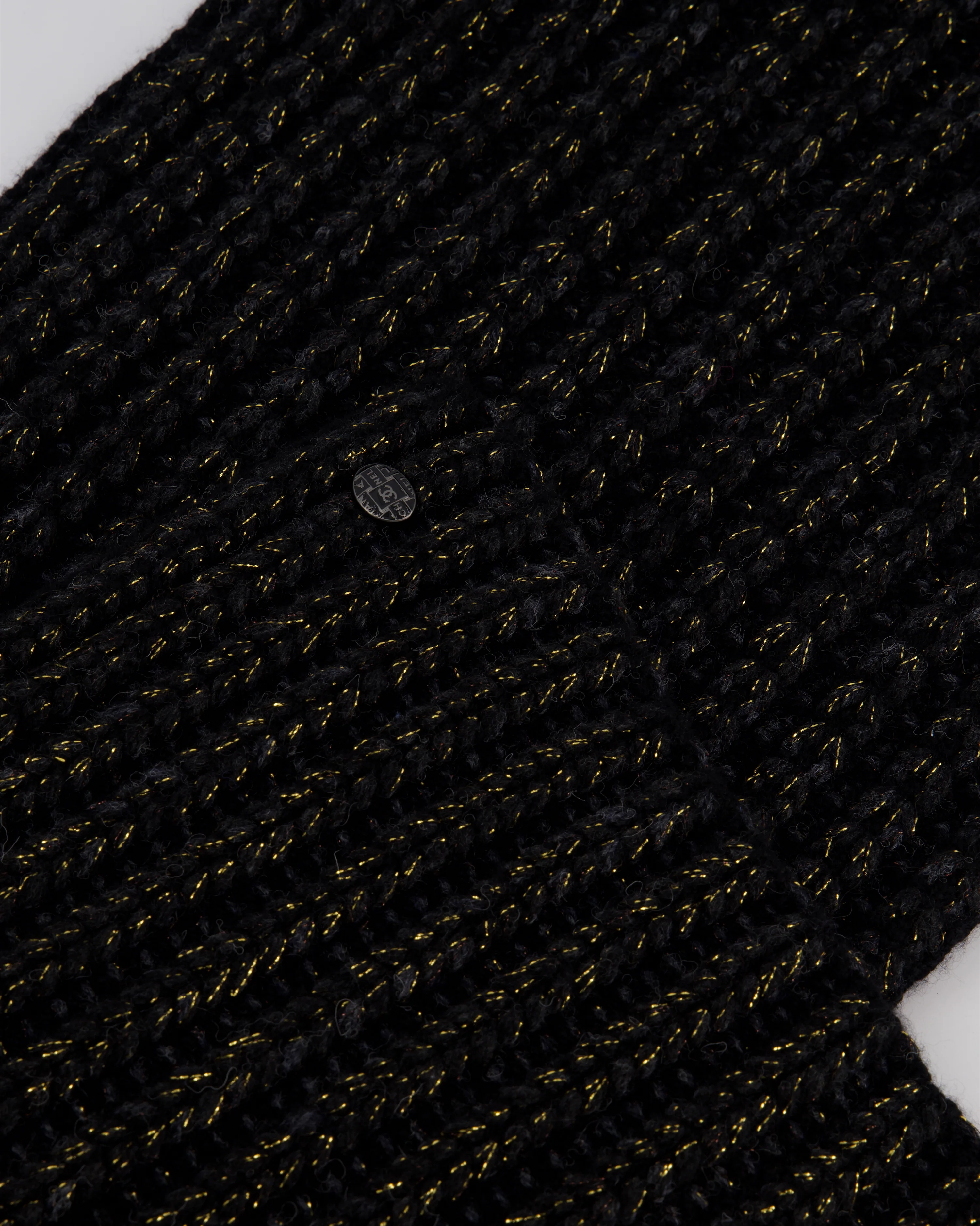 Chanel Black Grey and Gold Metallic Knitted Cashmere Blend Scarf with White CC Logo Button One Size - Image 3