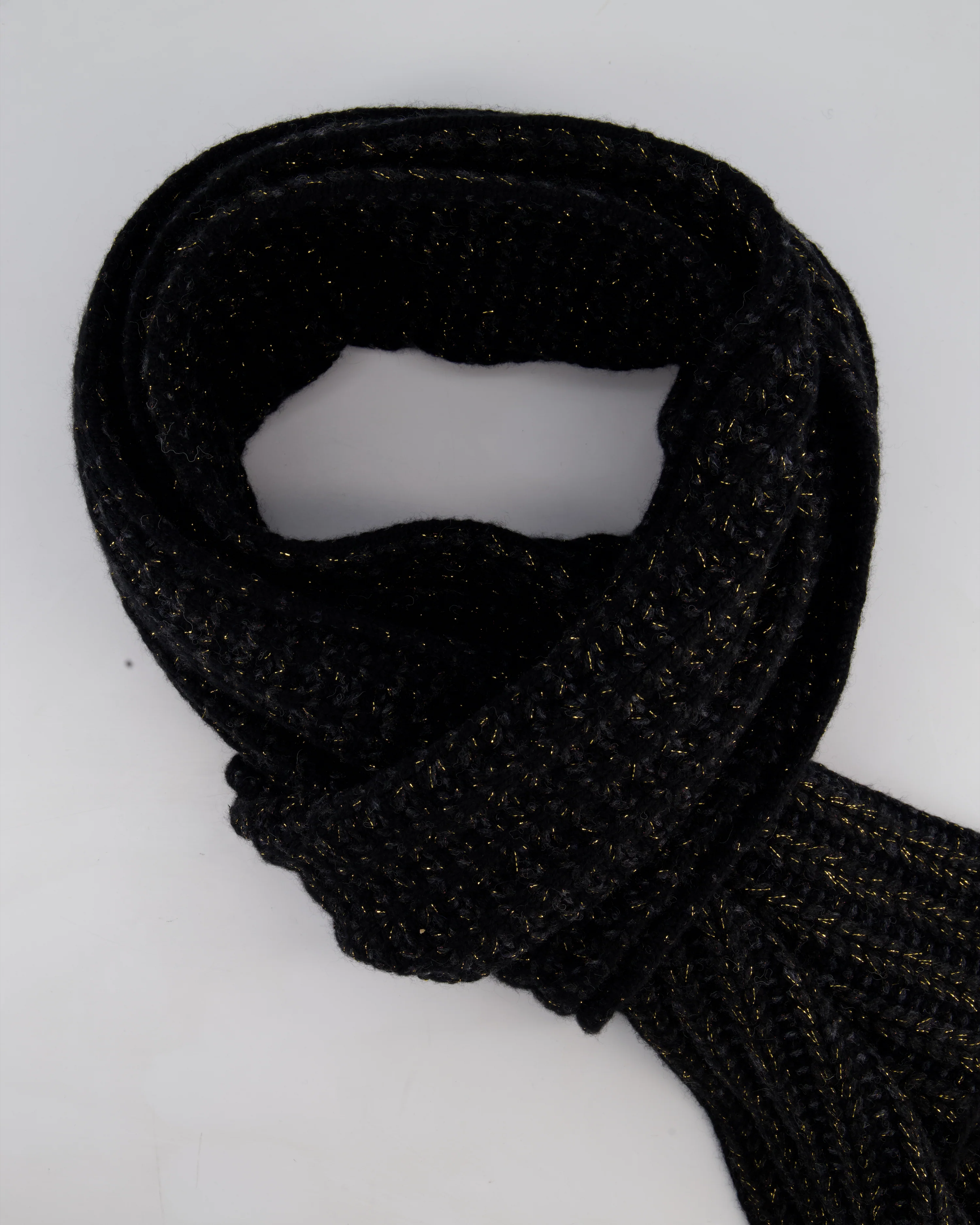 Chanel Black Grey and Gold Metallic Knitted Cashmere Blend Scarf with White CC Logo Button One Size - Image 4