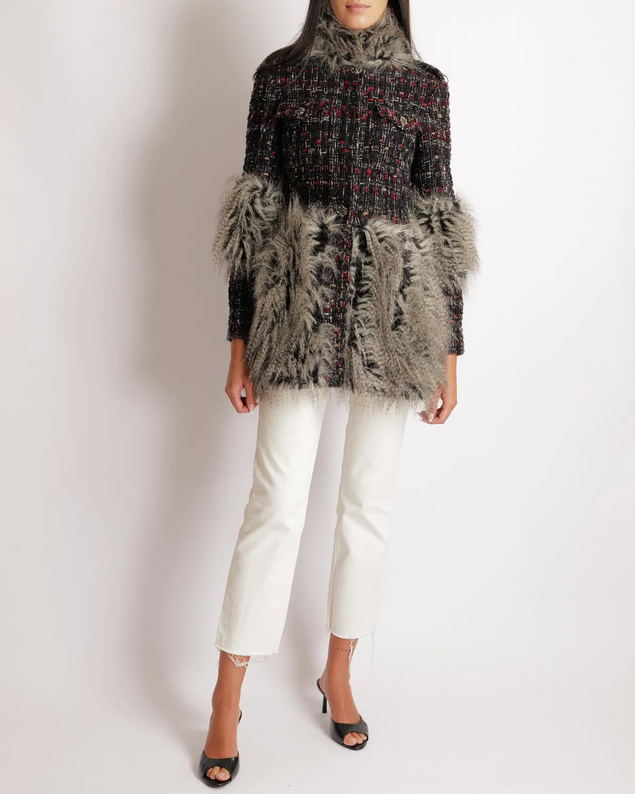 Chanel Fall 2010 Black, Grey and Red Tweed Jacket with Grey Faux Fur Sleeves and Trims and Black and Silver CC Logo Buttons Size FR 38 (UK 10) - Image 2