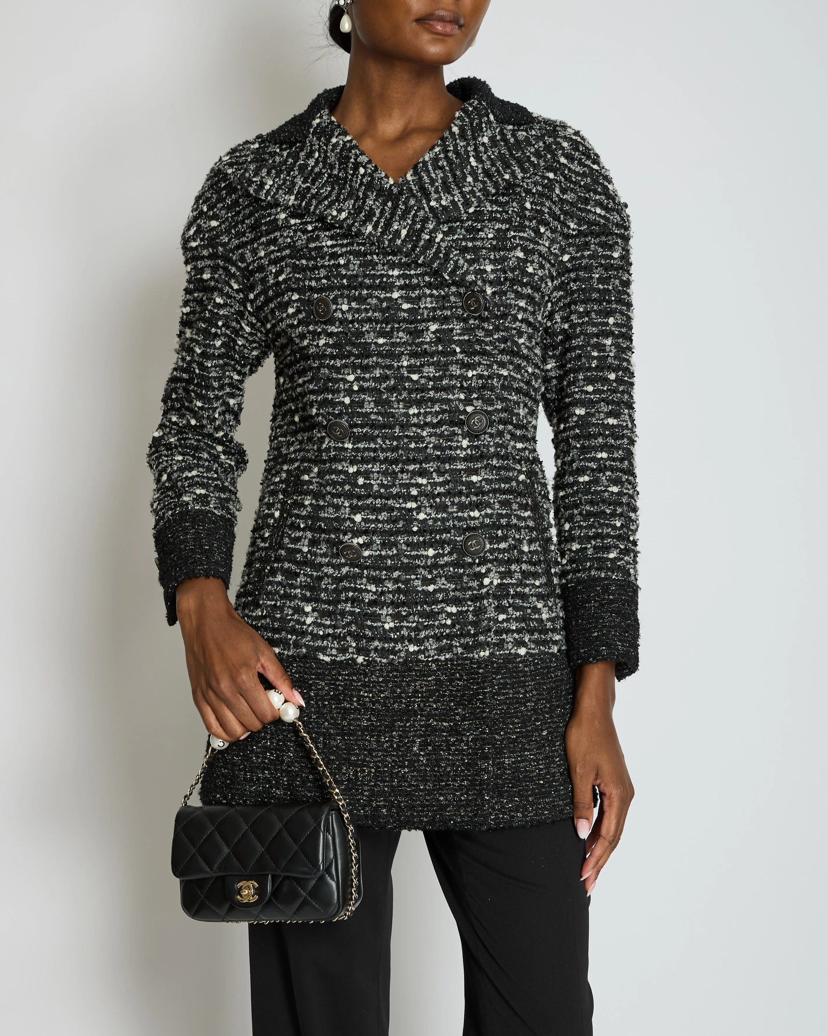 Chanel Black, Grey & White Tweed Double Breasted Jacket with Black CC Logo Buttons Size FR 36 (UK 8)