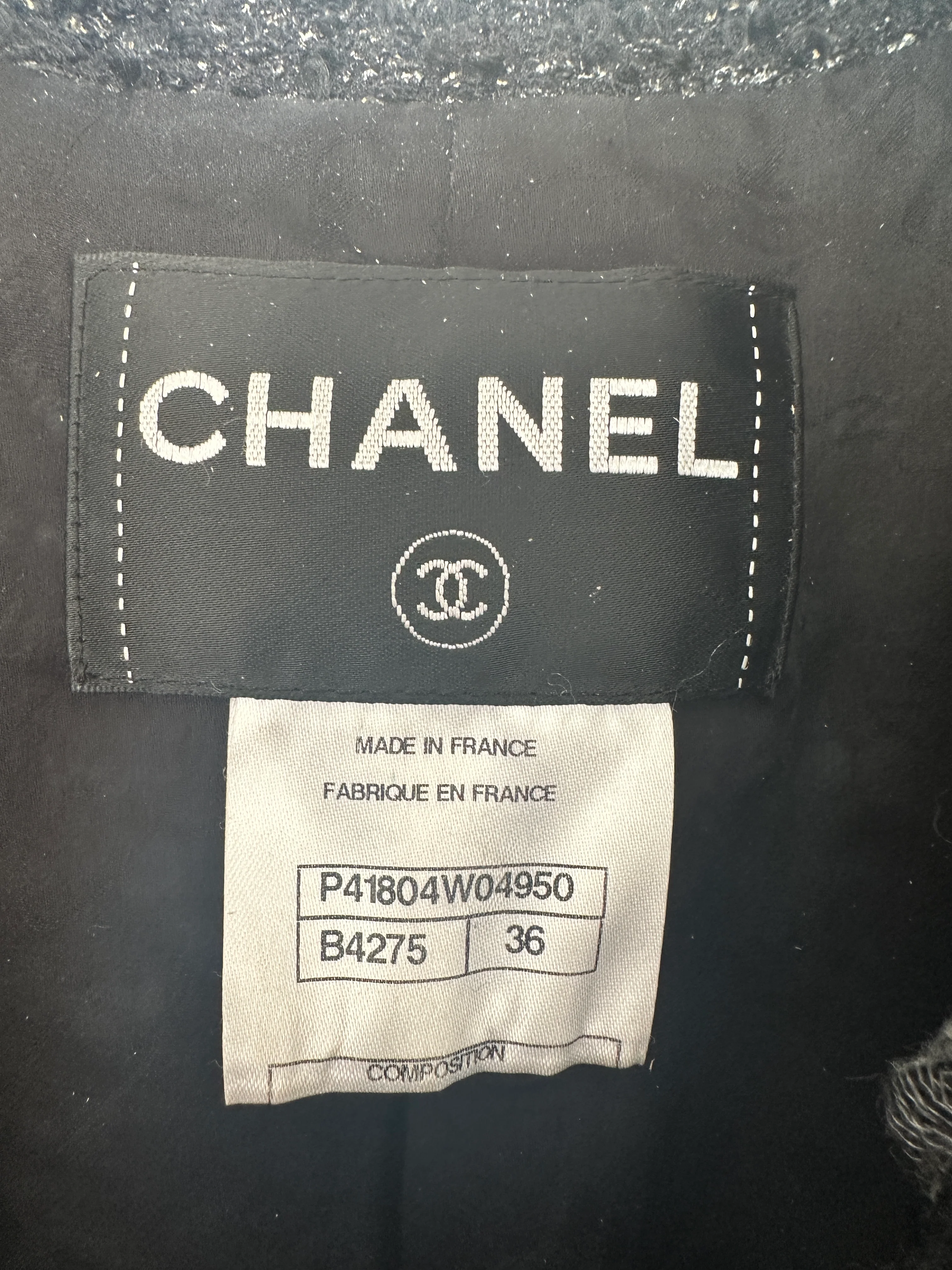 Chanel Black, Grey & White Tweed Double Breasted Jacket with Black CC Logo Buttons Size FR 36 (UK 8) - Image 12
