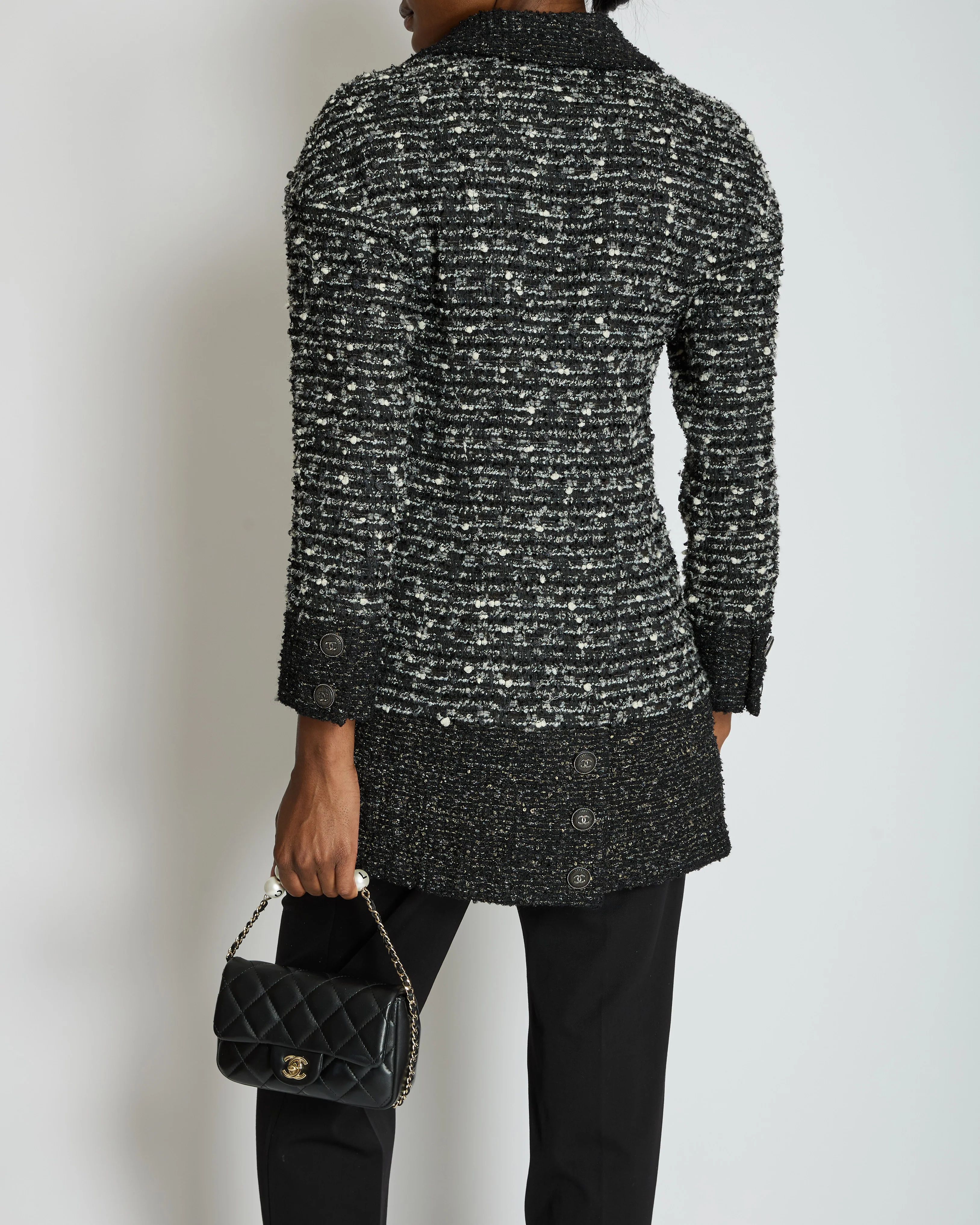 Chanel Black, Grey & White Tweed Double Breasted Jacket with Black CC Logo Buttons Size FR 36 (UK 8) - Image 2