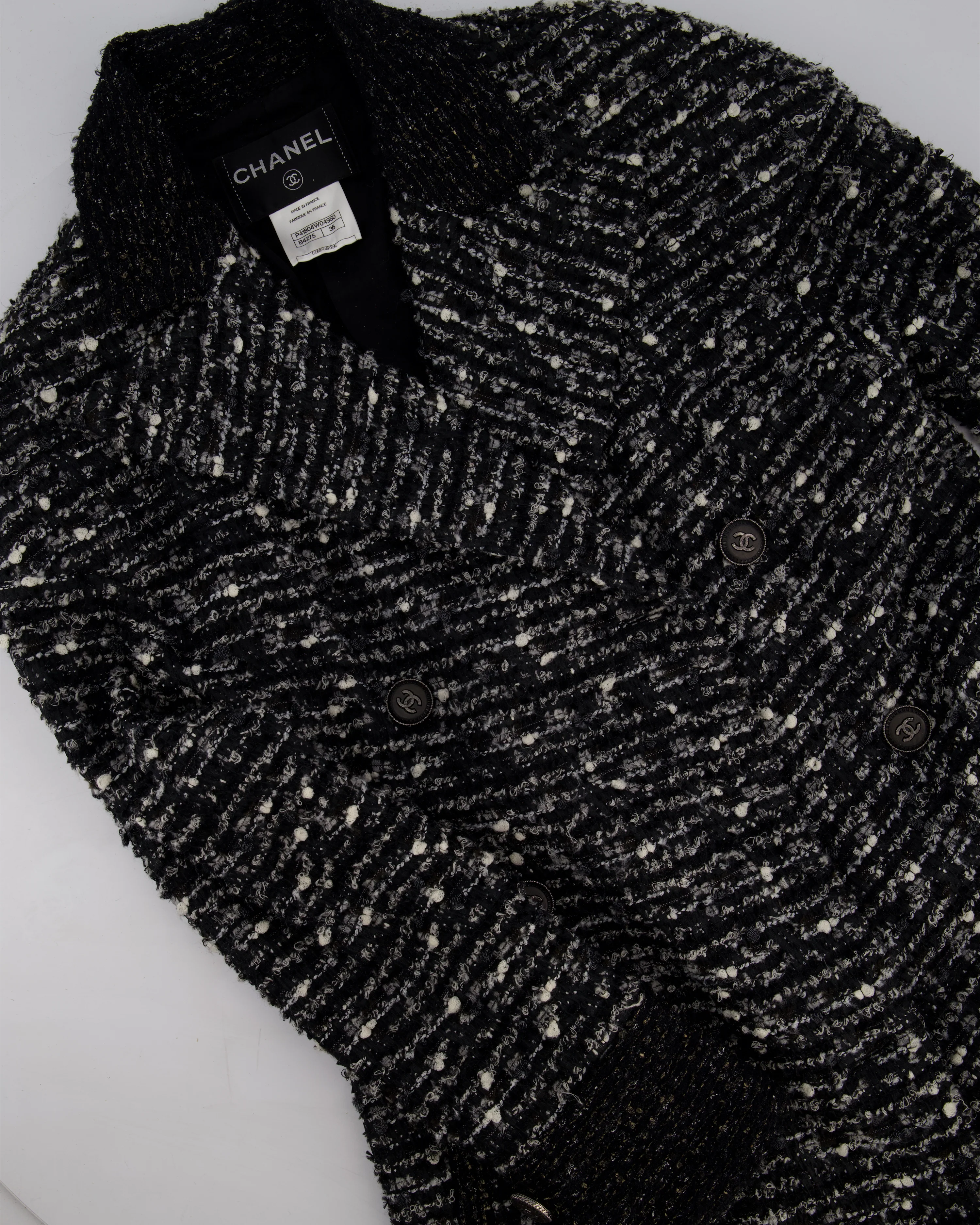 Chanel Black, Grey & White Tweed Double Breasted Jacket with Black CC Logo Buttons Size FR 36 (UK 8) - Image 6