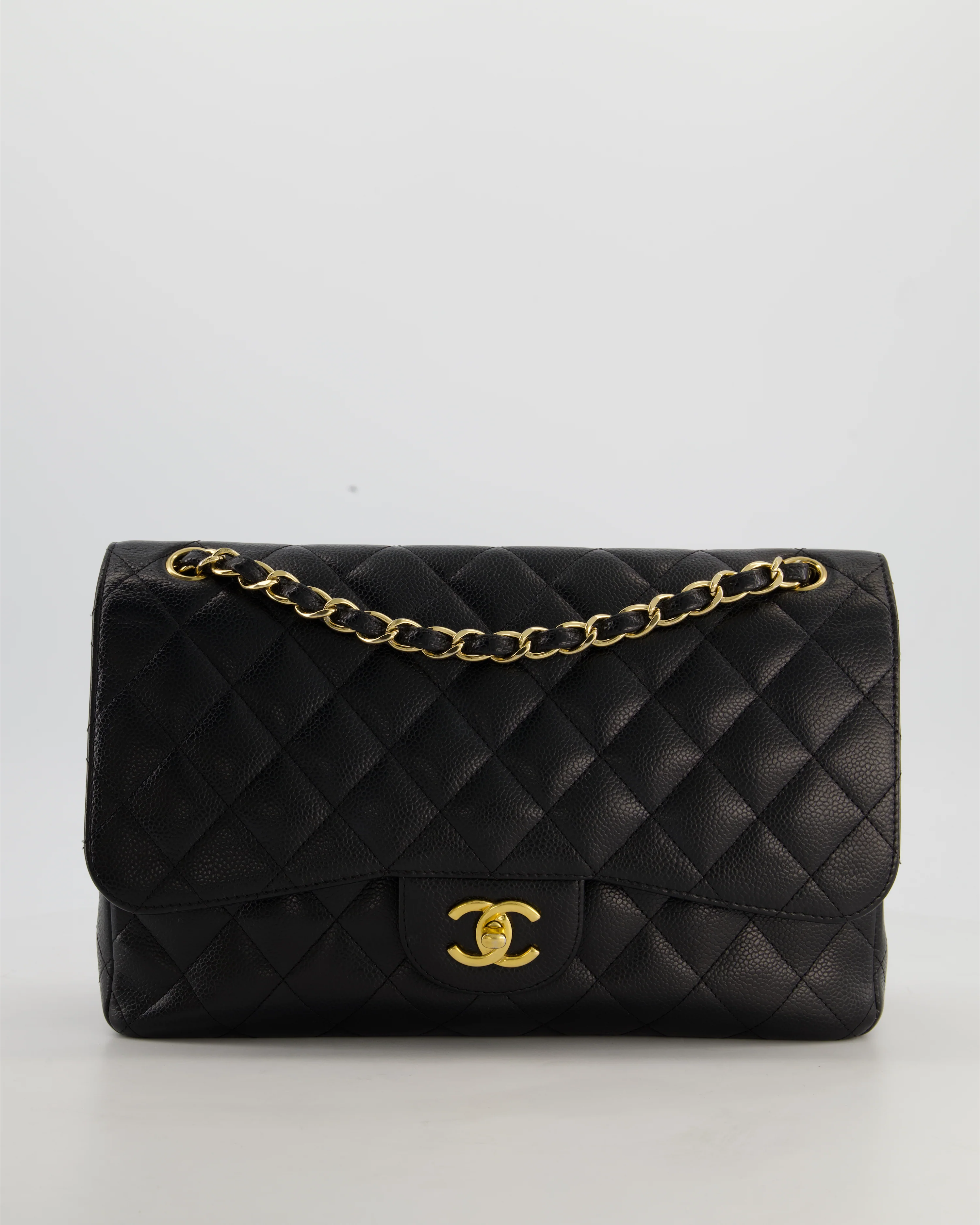 Chanel Black Jumbo Classic Double Flap Bag in Caviar Leather with Gold Hardware