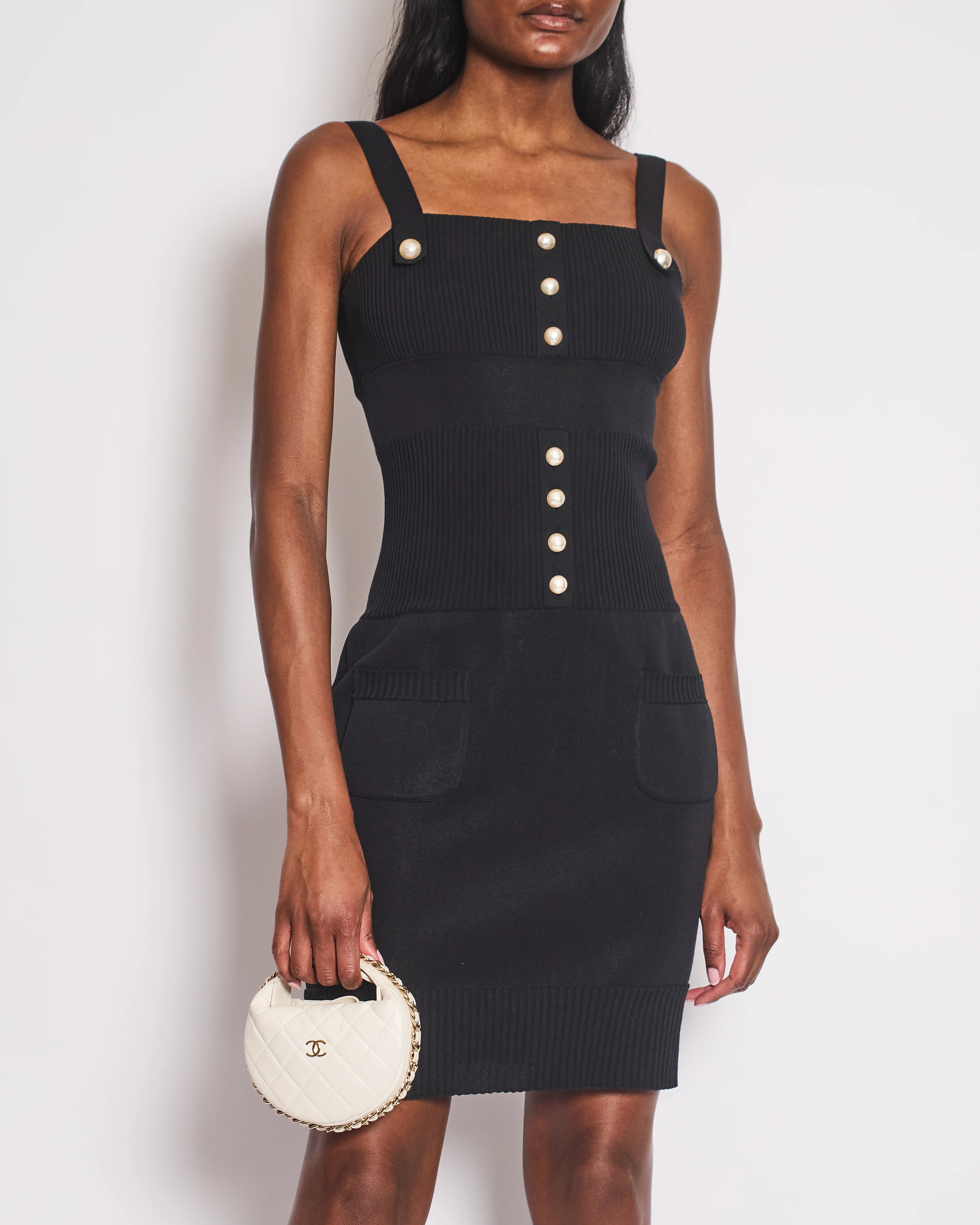 Chanel Black Knit Sleeveless Dress with Pearl Button Details Size FR 38 (UK 10) - Image 3