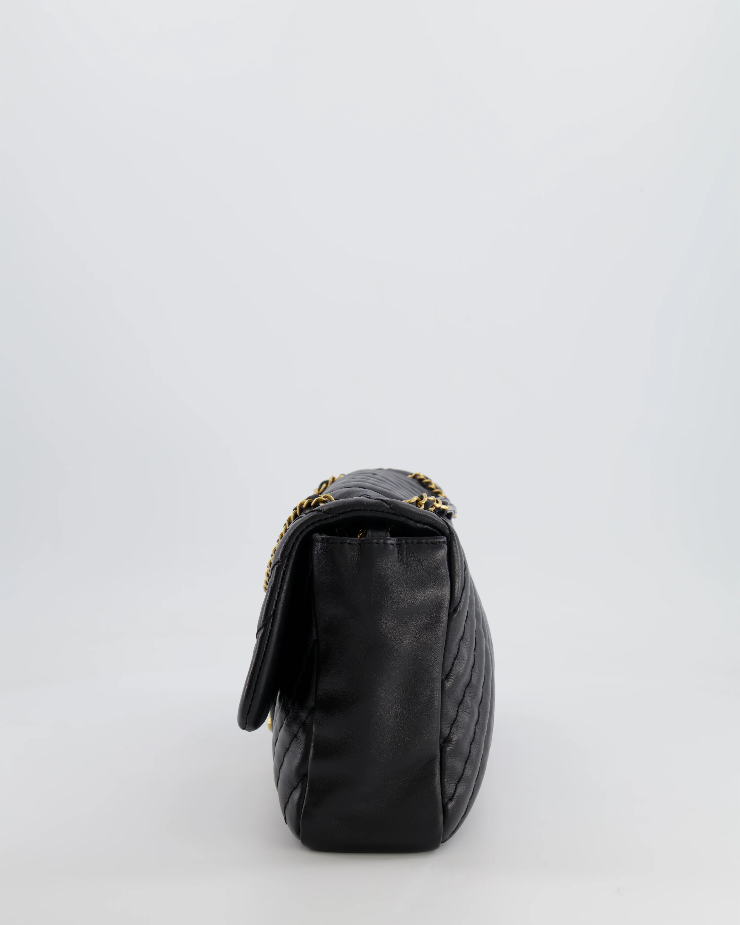 Chanel Black Large Single Flap Bag in Chevron Lambskin Leather with Gold Hardware and CC Medallion Detail - Image 10