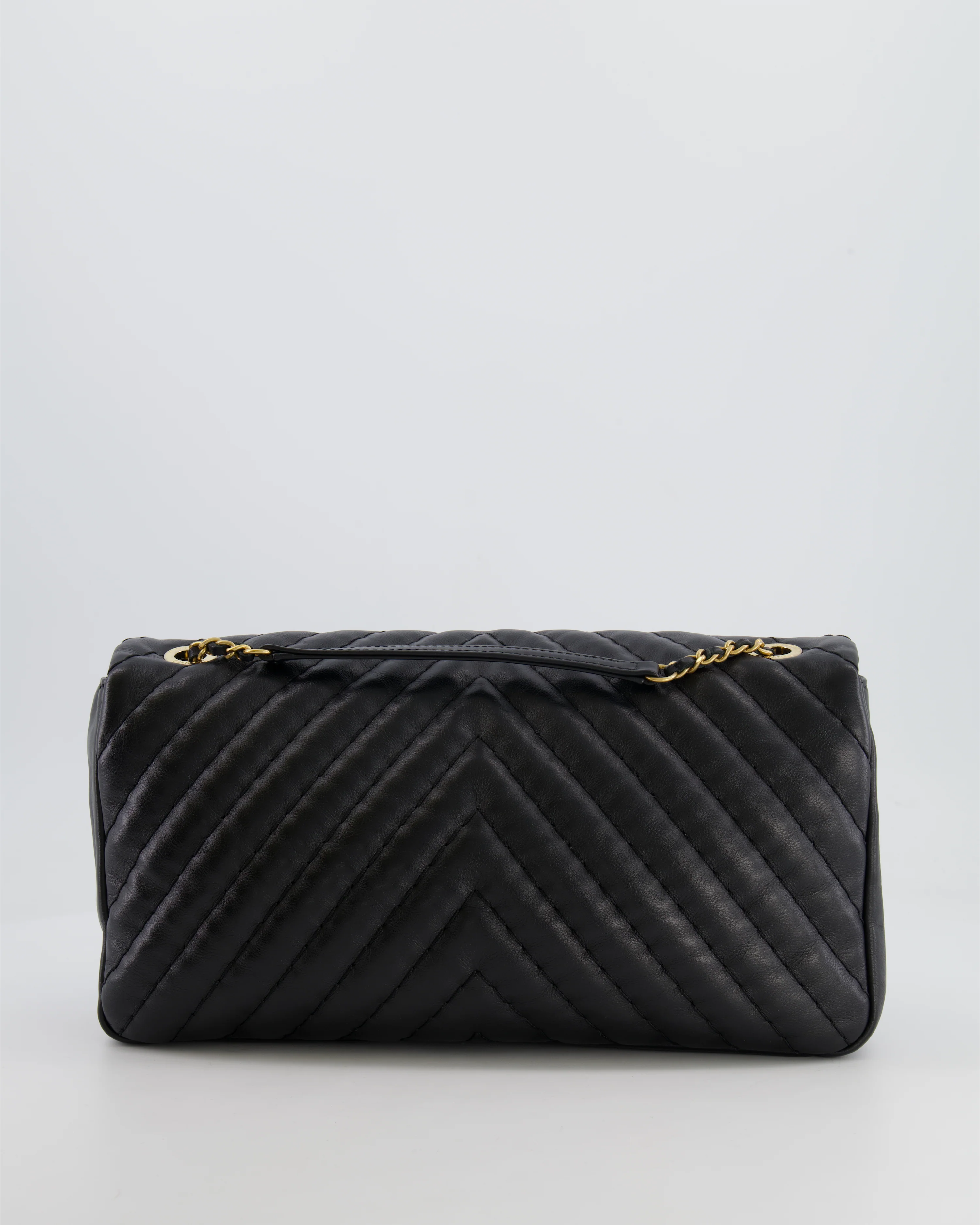 Chanel Black Large Single Flap Bag in Chevron Lambskin Leather with Gold Hardware and CC Medallion Detail - Image 9