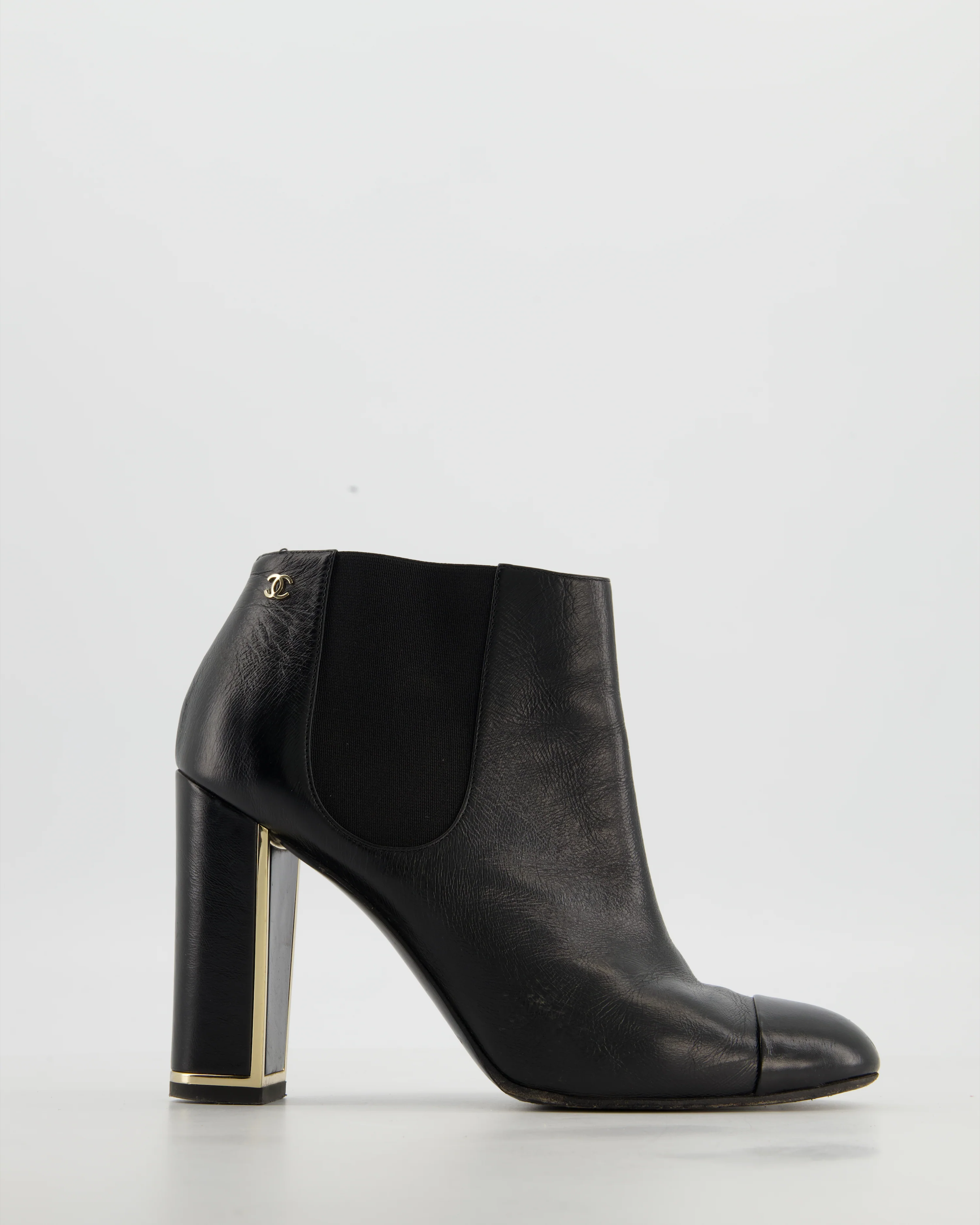 Chanel Black Leather Ankle Boots with CC Logo and Gold Heel Detail Size EU 38.5