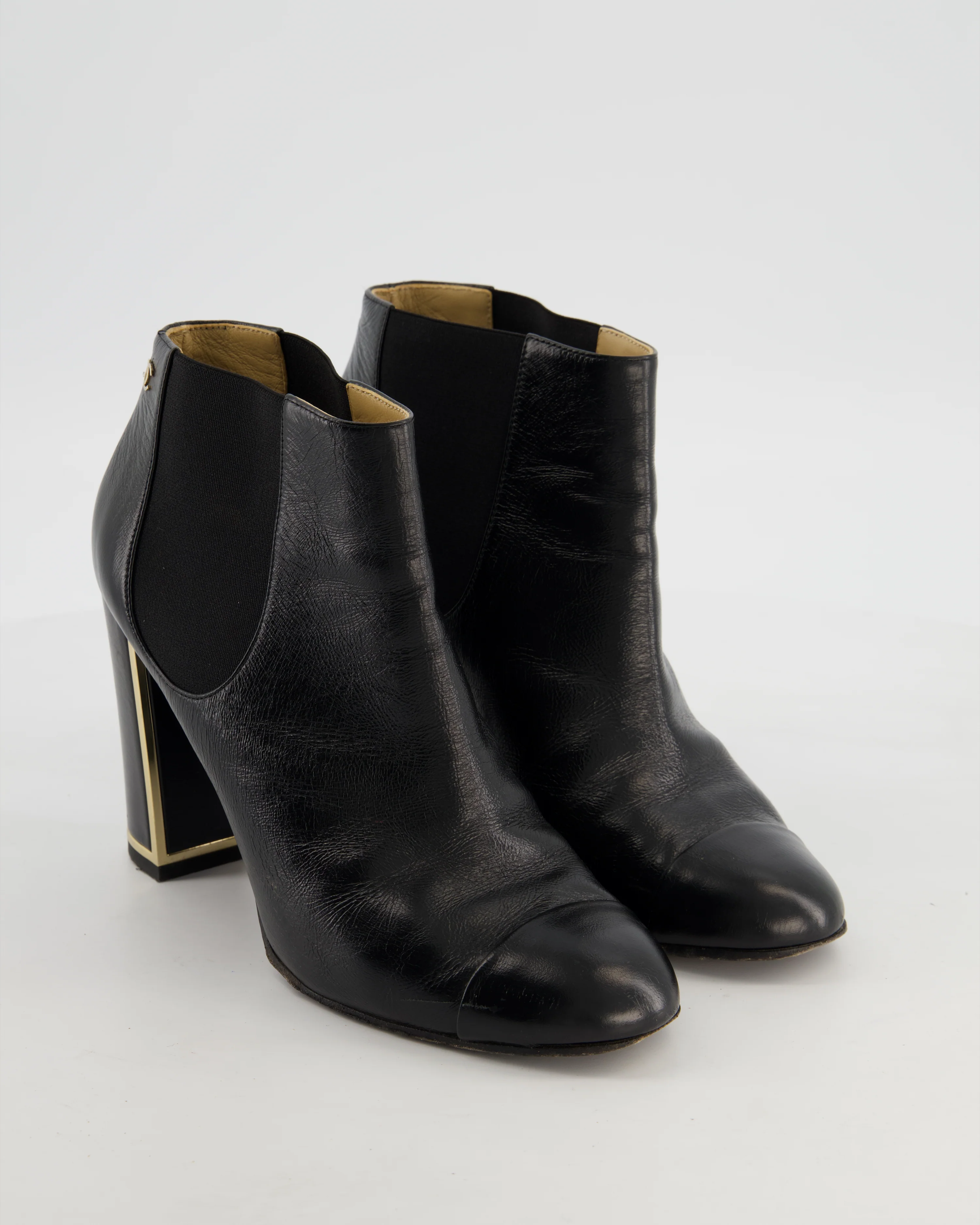 Chanel Black Leather Ankle Boots with CC Logo and Gold Heel Detail Size EU 38.5 - Image 2
