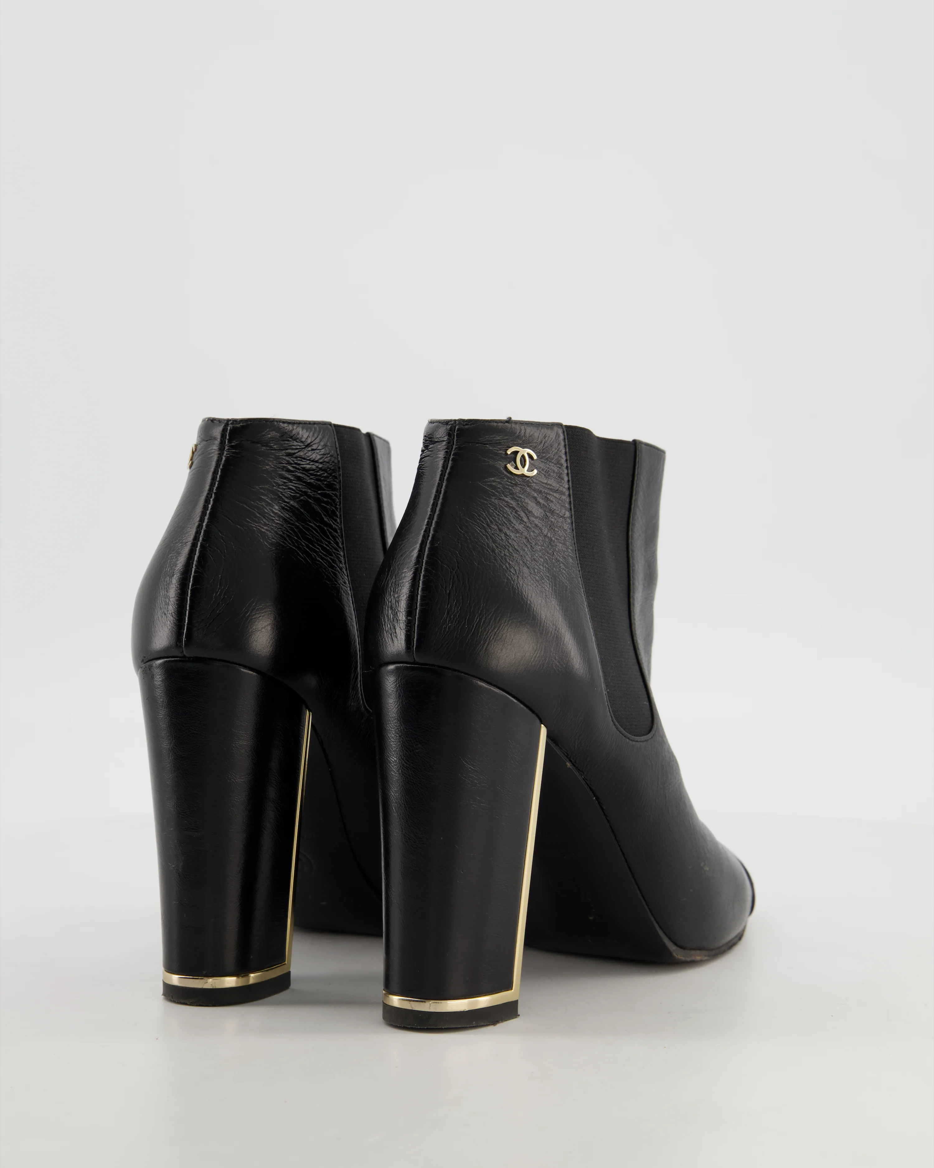 Chanel Black Leather Ankle Boots with CC Logo and Gold Heel Detail Size EU 38.5 - Image 4