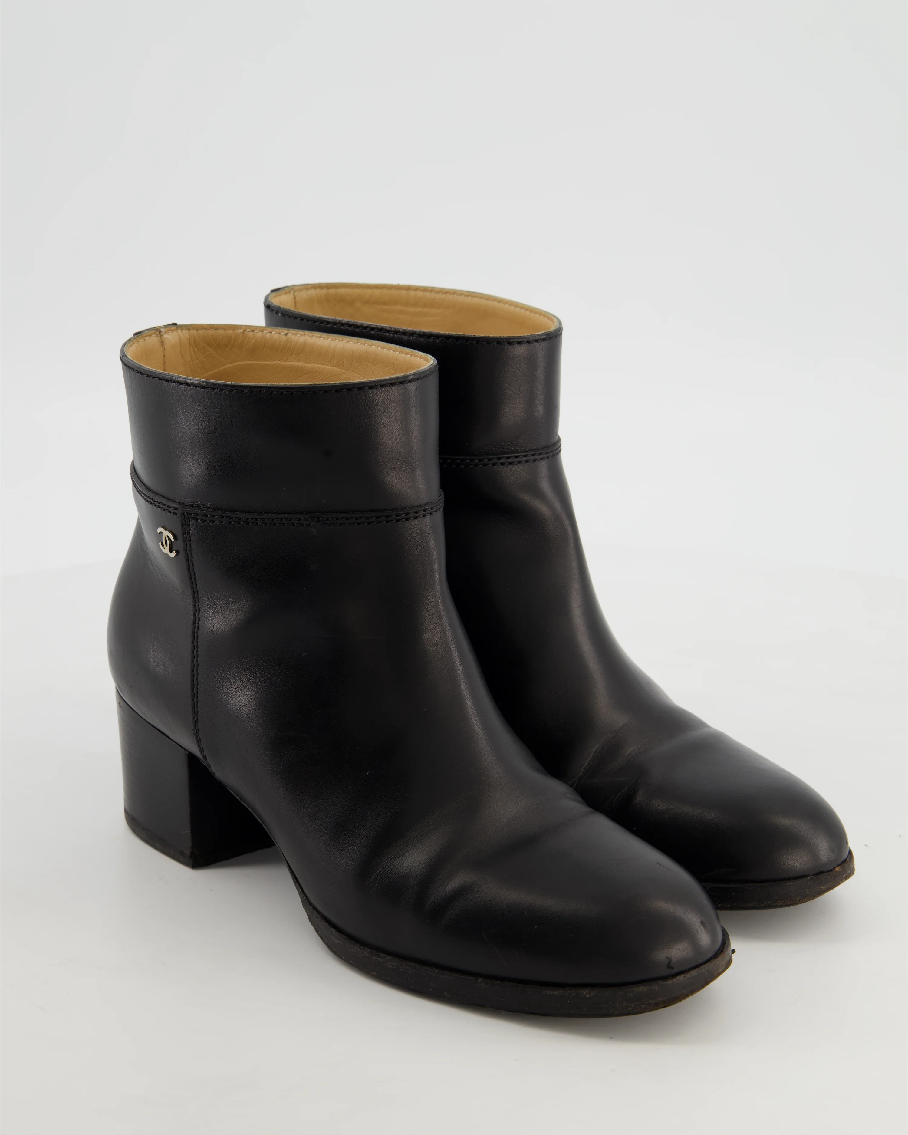 Chanel Black Leather Ankle Boots with Gold CC Logo Size EU 37 - Image 2