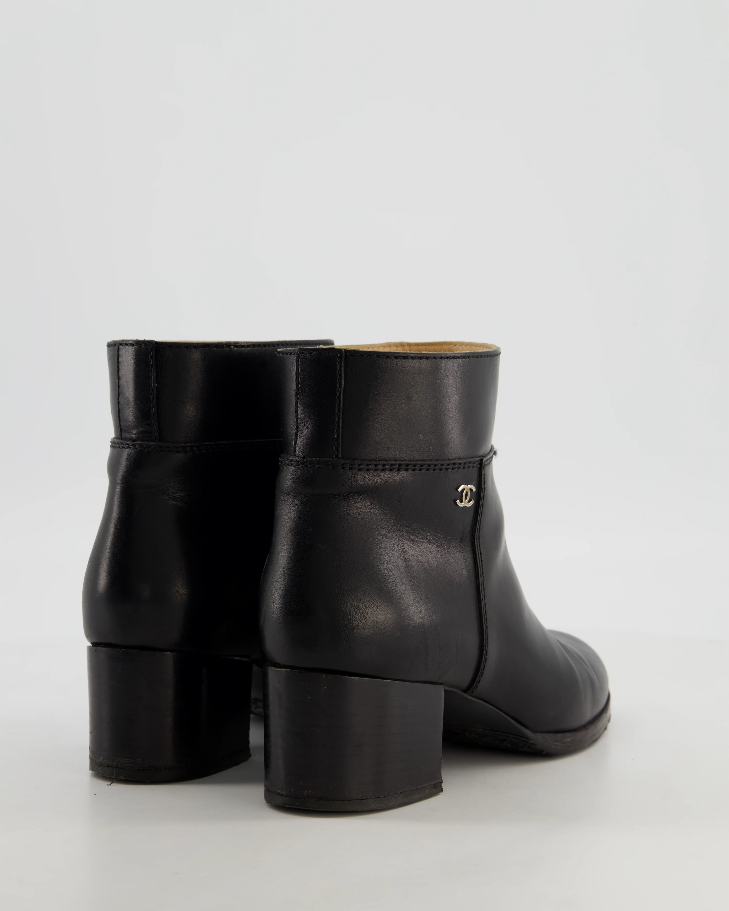 Chanel Black Leather Ankle Boots with Gold CC Logo Size EU 37 - Image 3