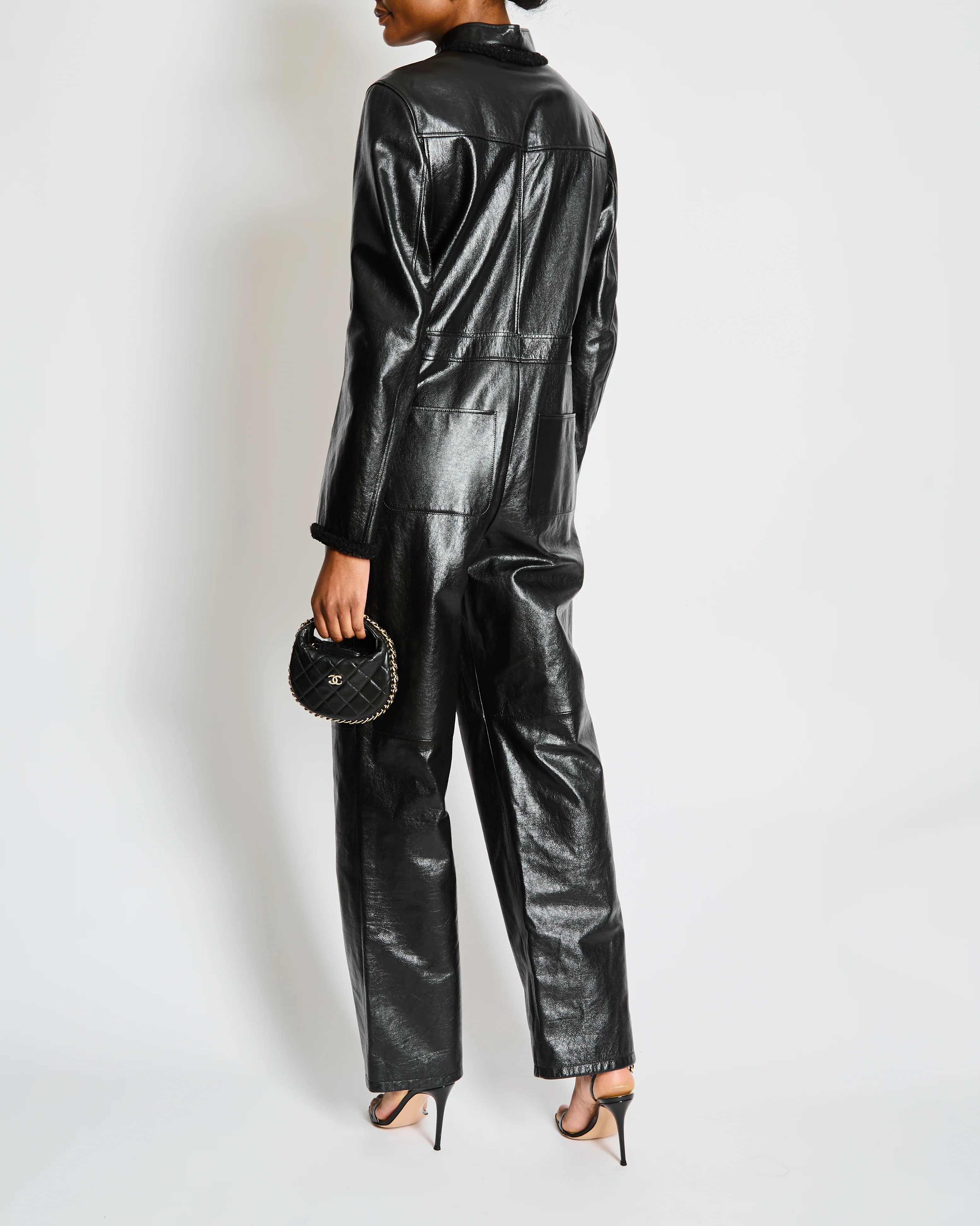 Chanel Pre-Fall 2022 Black Leather Jumpsuit with Gold CC Button and Tweed and Chain Trim Detail Size FR 38 (UK 10) - Image 6