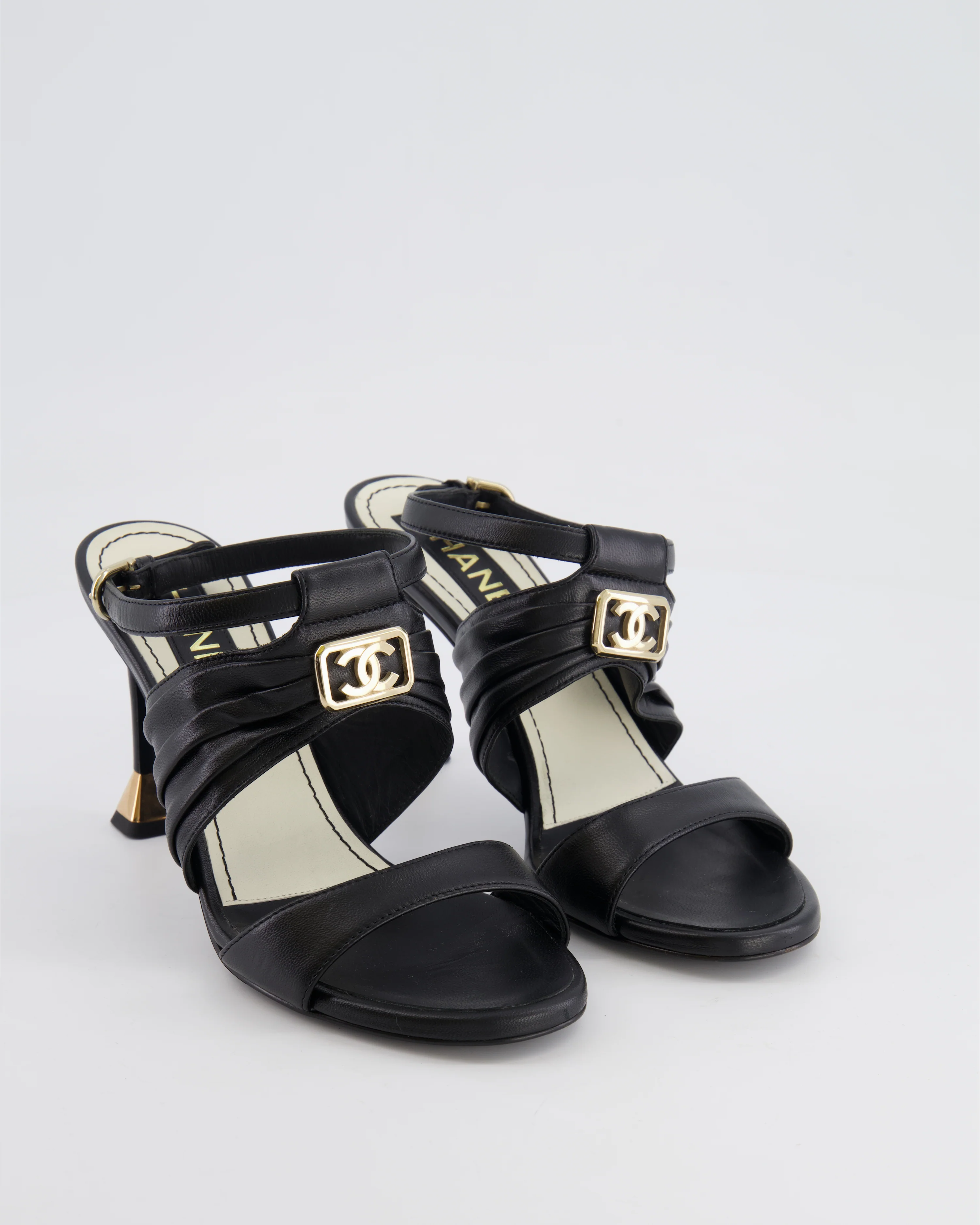 Chanel Black Leather Sandal Heels with Gold CC Details Size EU 37 - Image 2