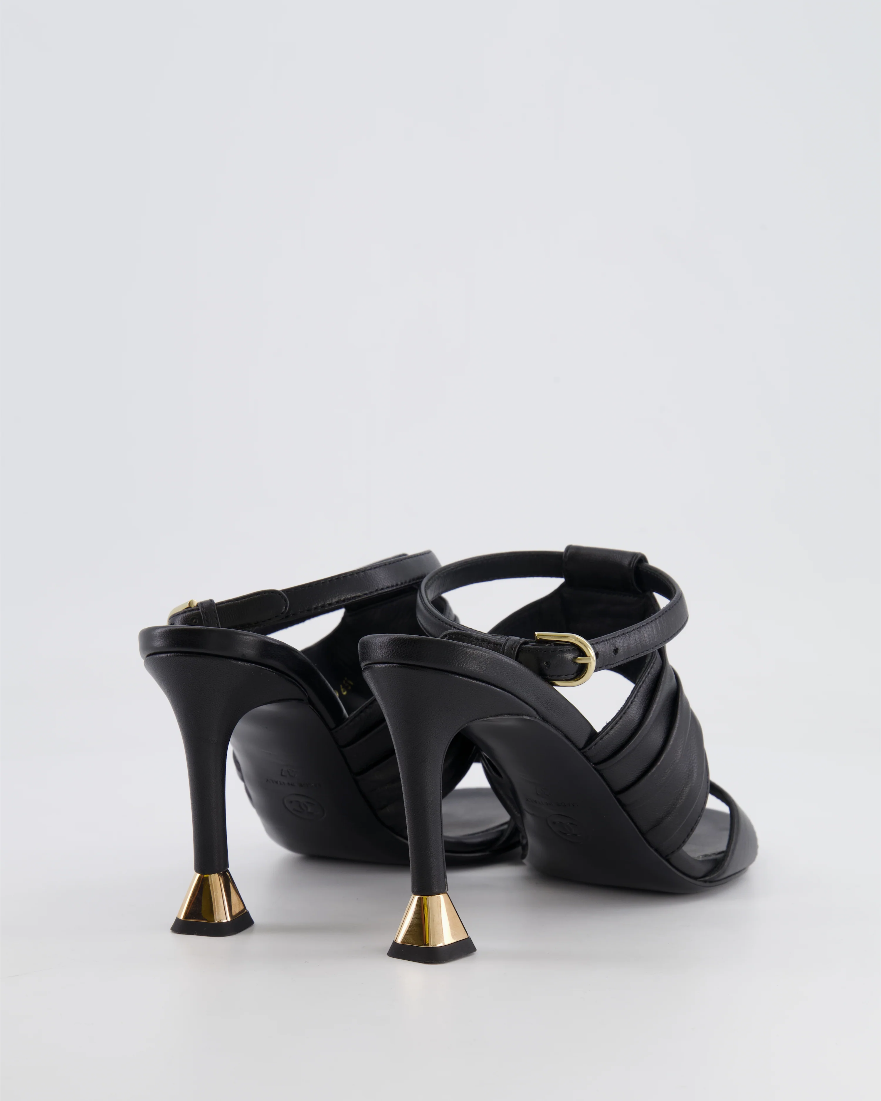Chanel Black Leather Sandal Heels with Gold CC Details Size EU 37 - Image 3