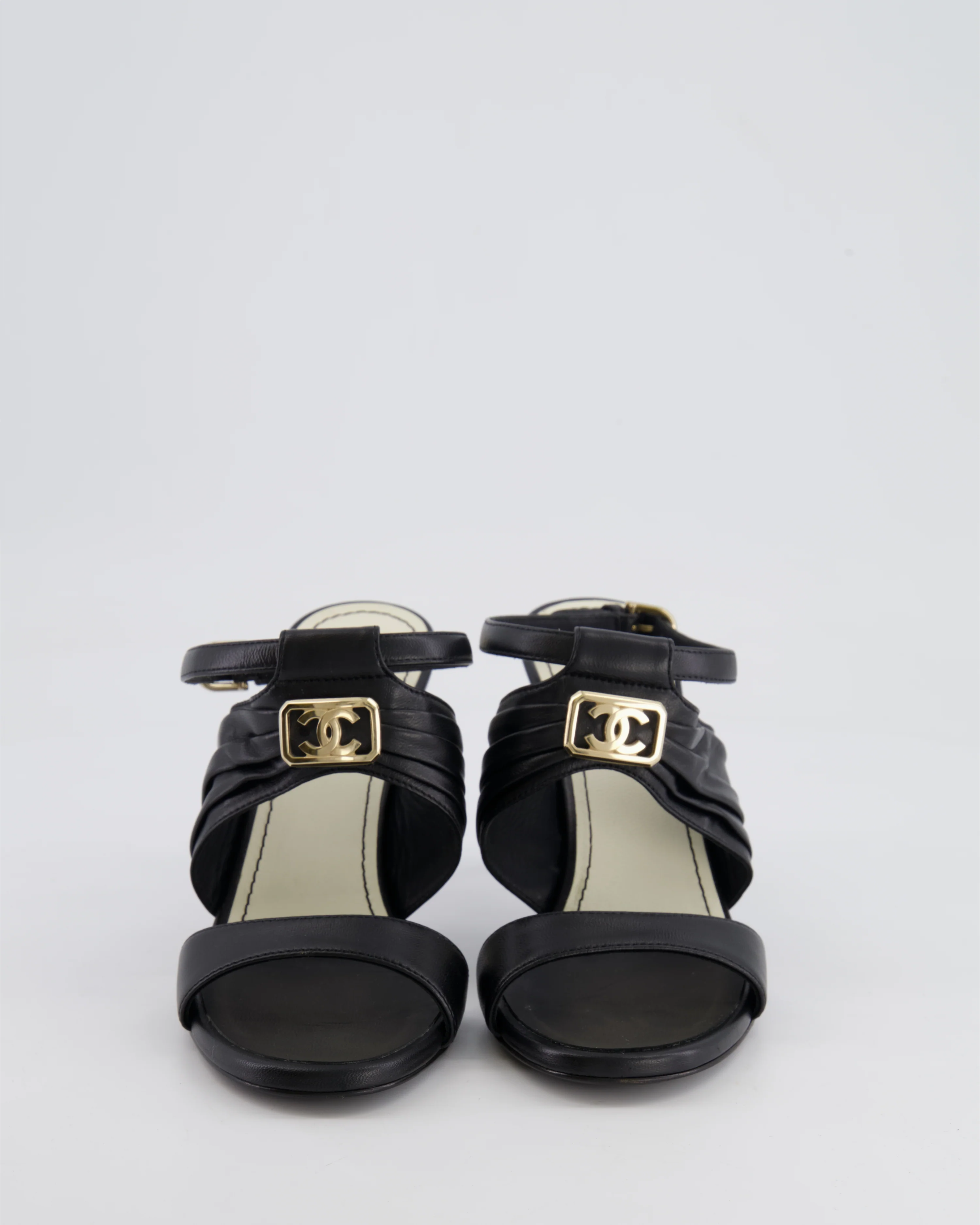 Chanel Black Leather Sandal Heels with Gold CC Details Size EU 37 - Image 4