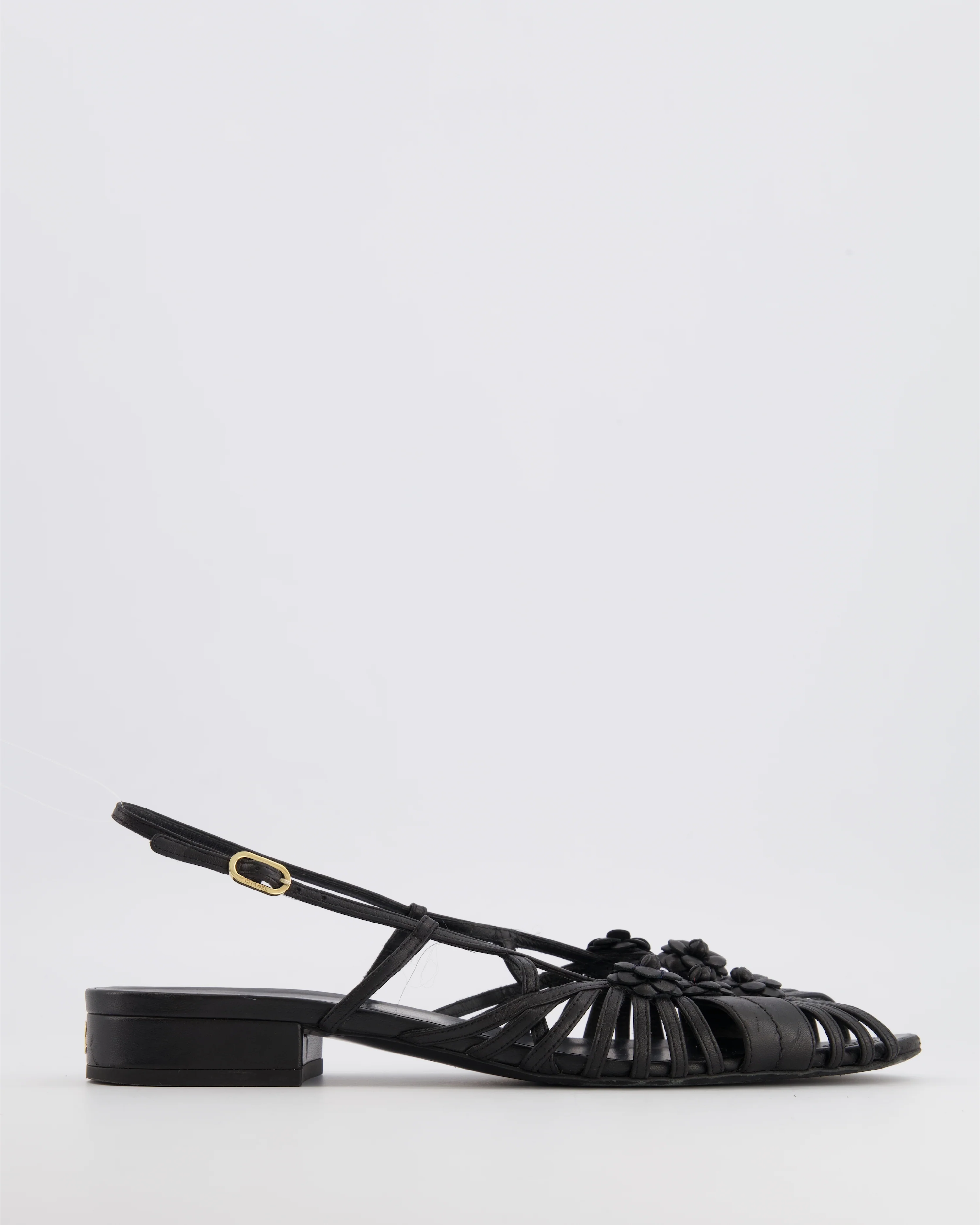 Chanel Black Leather Slingback Sandals with Camelias Appliqué and Gold CC Logo Details Size EU 41