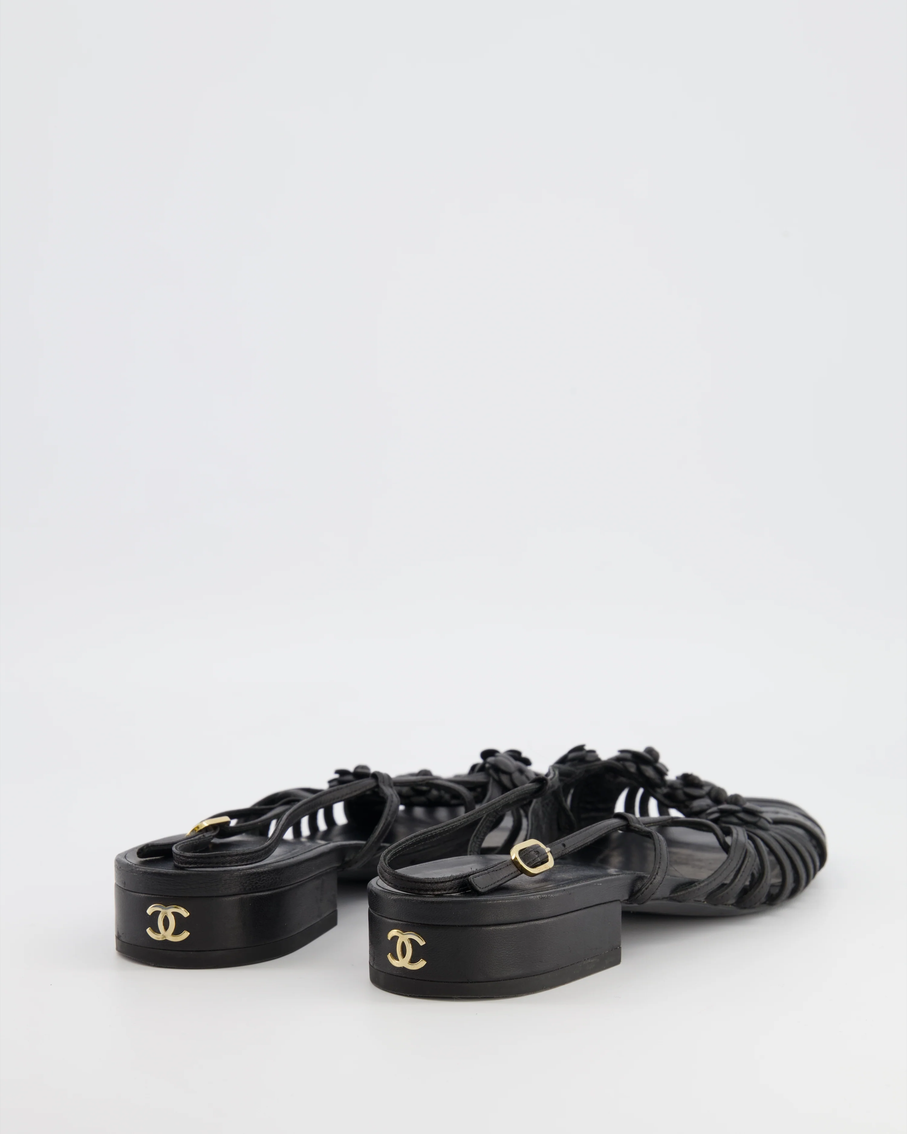 Chanel Black Leather Slingback Sandals with Camelias Appliqué and Gold CC Logo Details Size EU 41 - Image 2