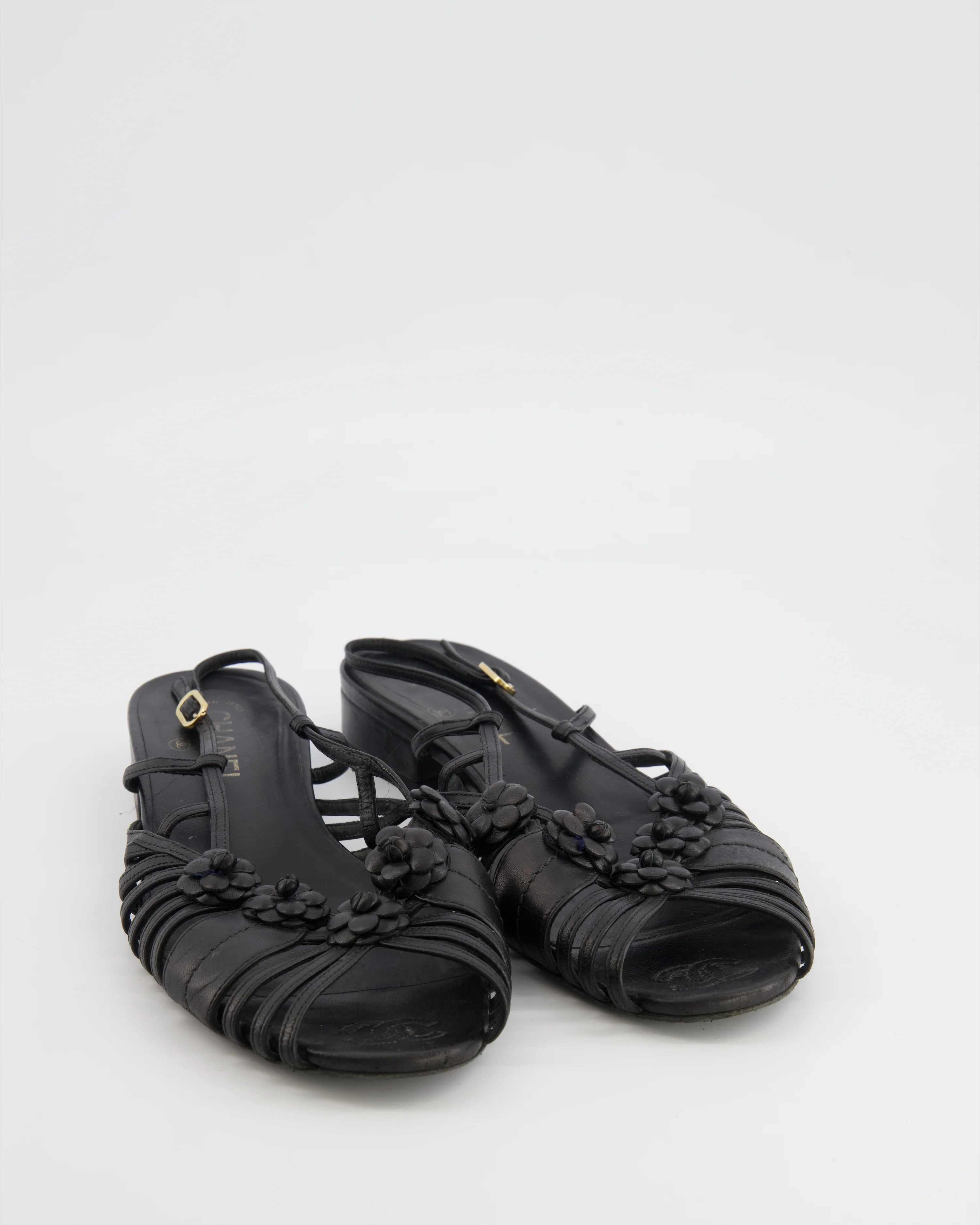 Chanel Black Leather Slingback Sandals with Camelias Appliqué and Gold CC Logo Details Size EU 41 - Image 3