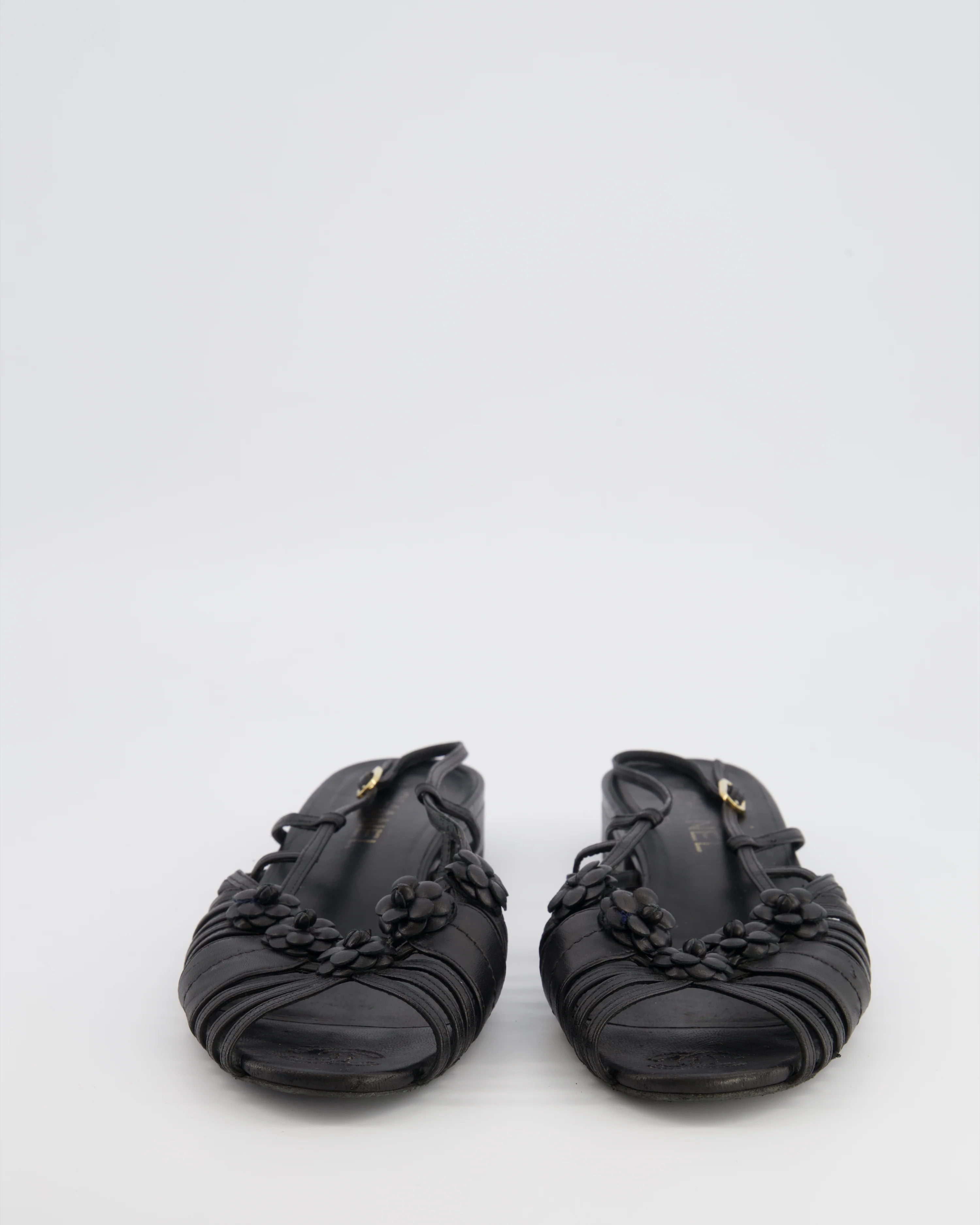 Chanel Black Leather Slingback Sandals with Camelias Appliqué and Gold CC Logo Details Size EU 41 - Image 4