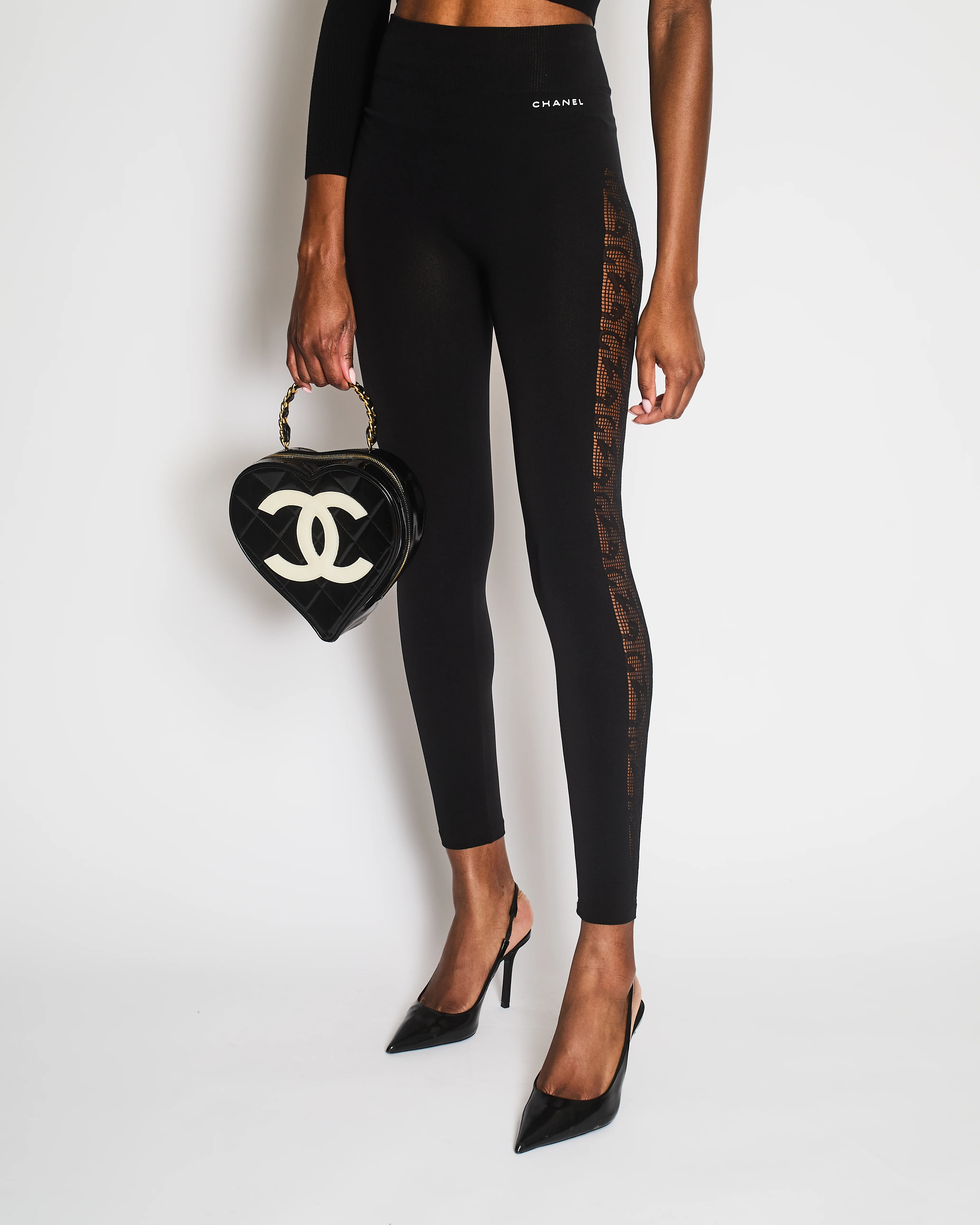 Chanel Black Leggings with Perforated Side Bands Details and White Logo Print Size XS (UK 6)