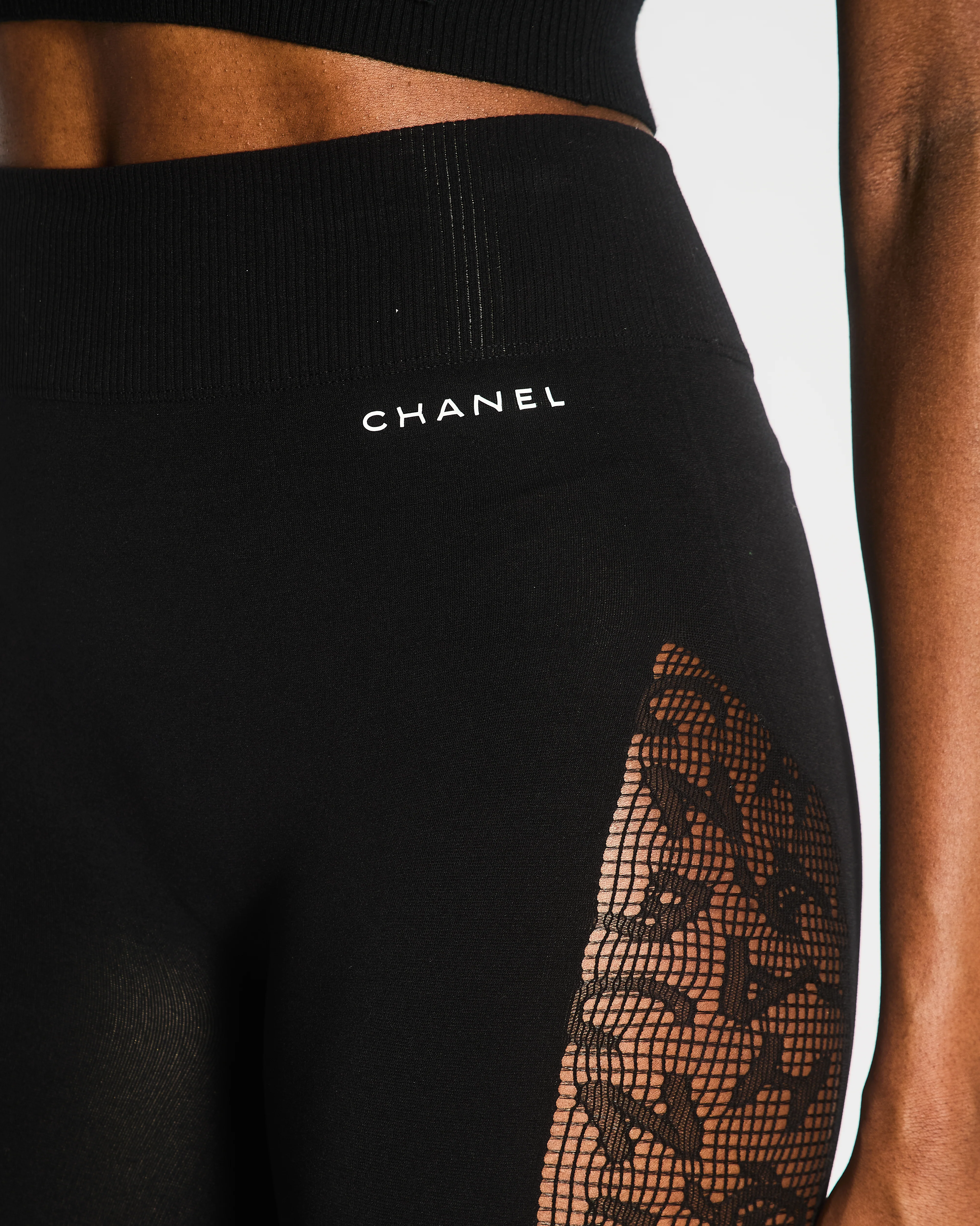 Chanel Black Leggings with Perforated Side Bands Details and White Logo Print Size XS (UK 6) - Image 4