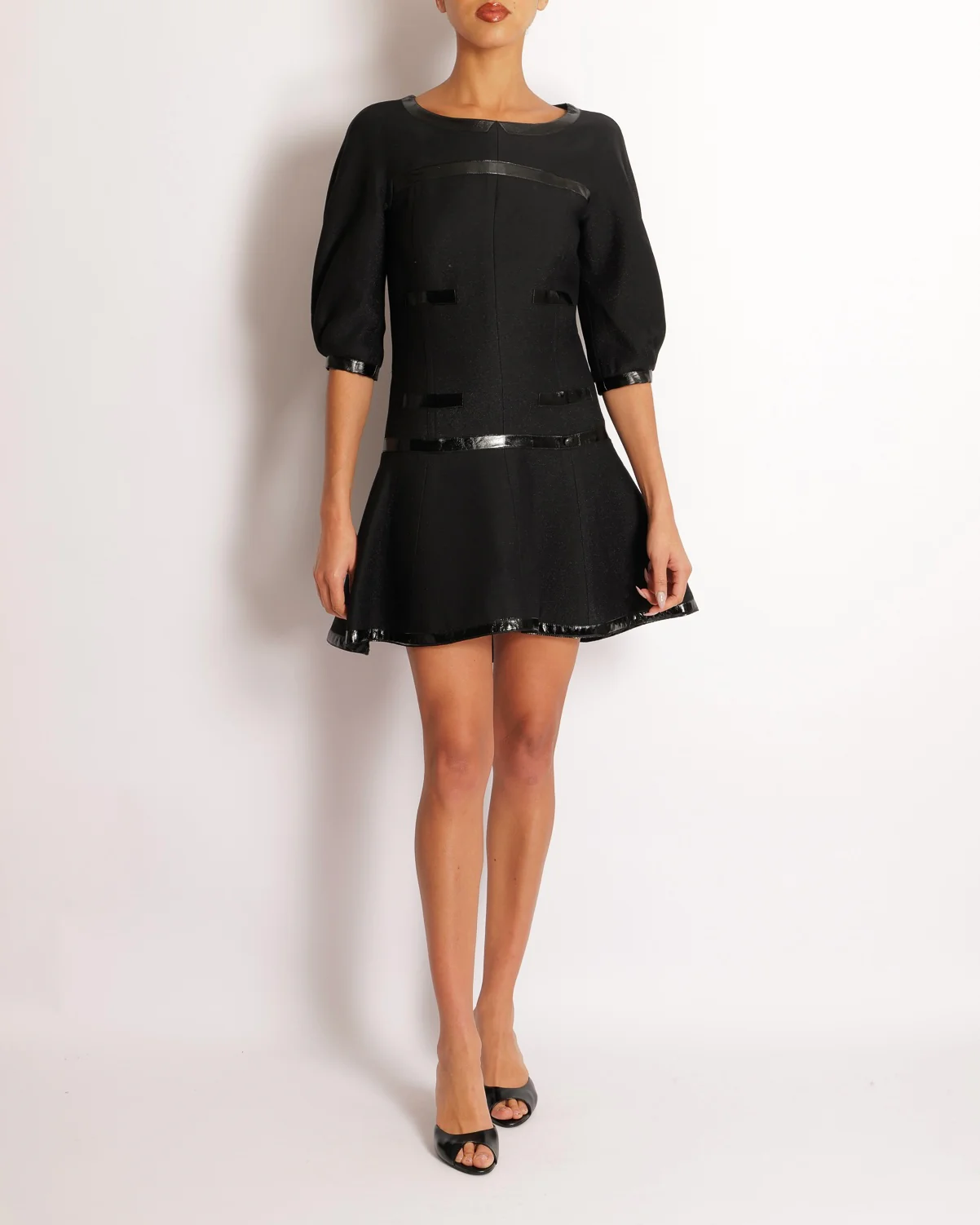 Chanel Fall 2013 Black Mini Dress with Patent Leather Effect Trim Details and Globe CC Logo Button Size FR 34 (UK 6)