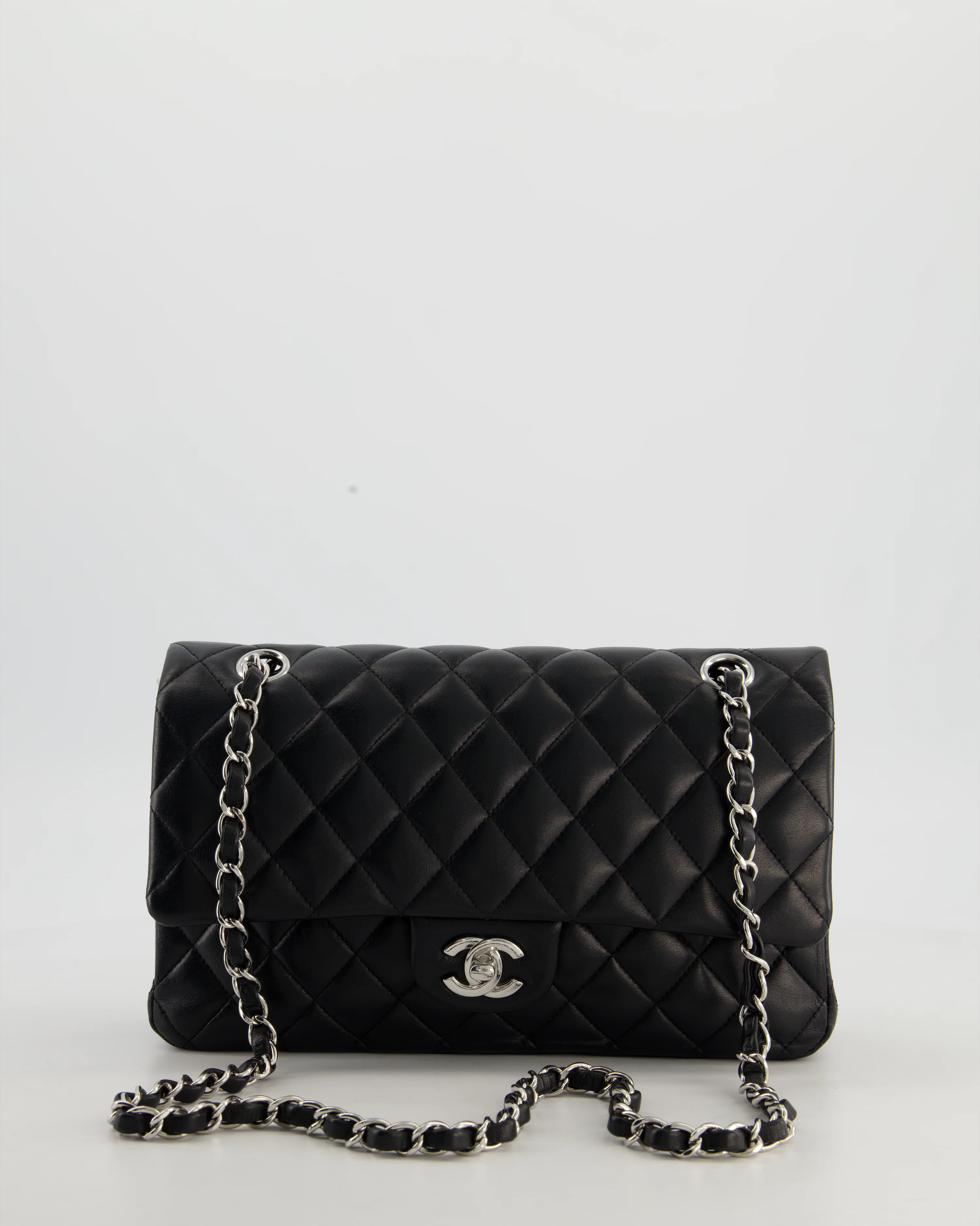 Chanel Black Medium Classic Double Flap Bag in Lambskin Leather with Silver Hardware