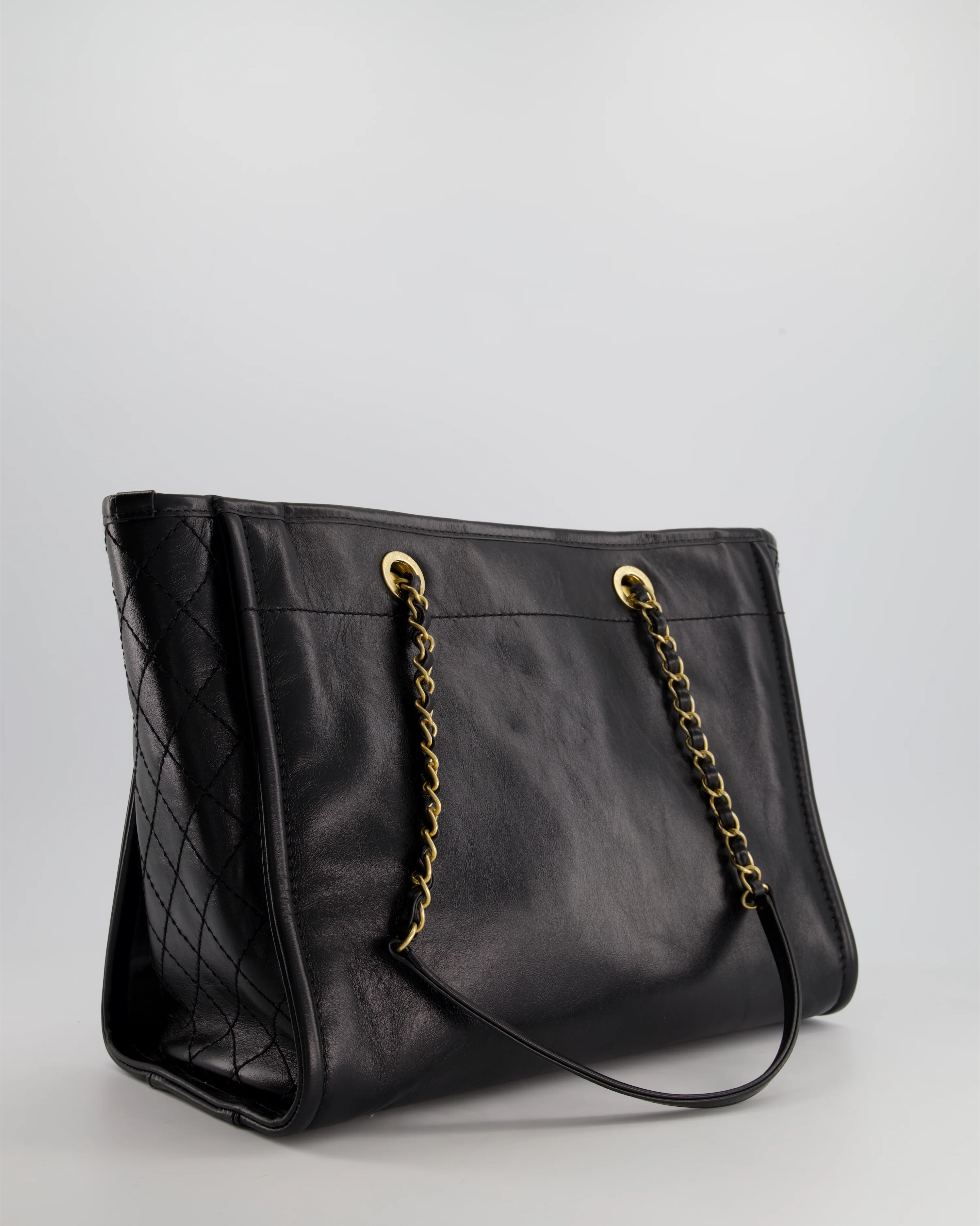 *HOT* Chanel Black Small Deauville Tote Bag in Shiny Calfskin Leather with Antique Gold Hardware and Pearl, Crystal Logo Detail - Image 10